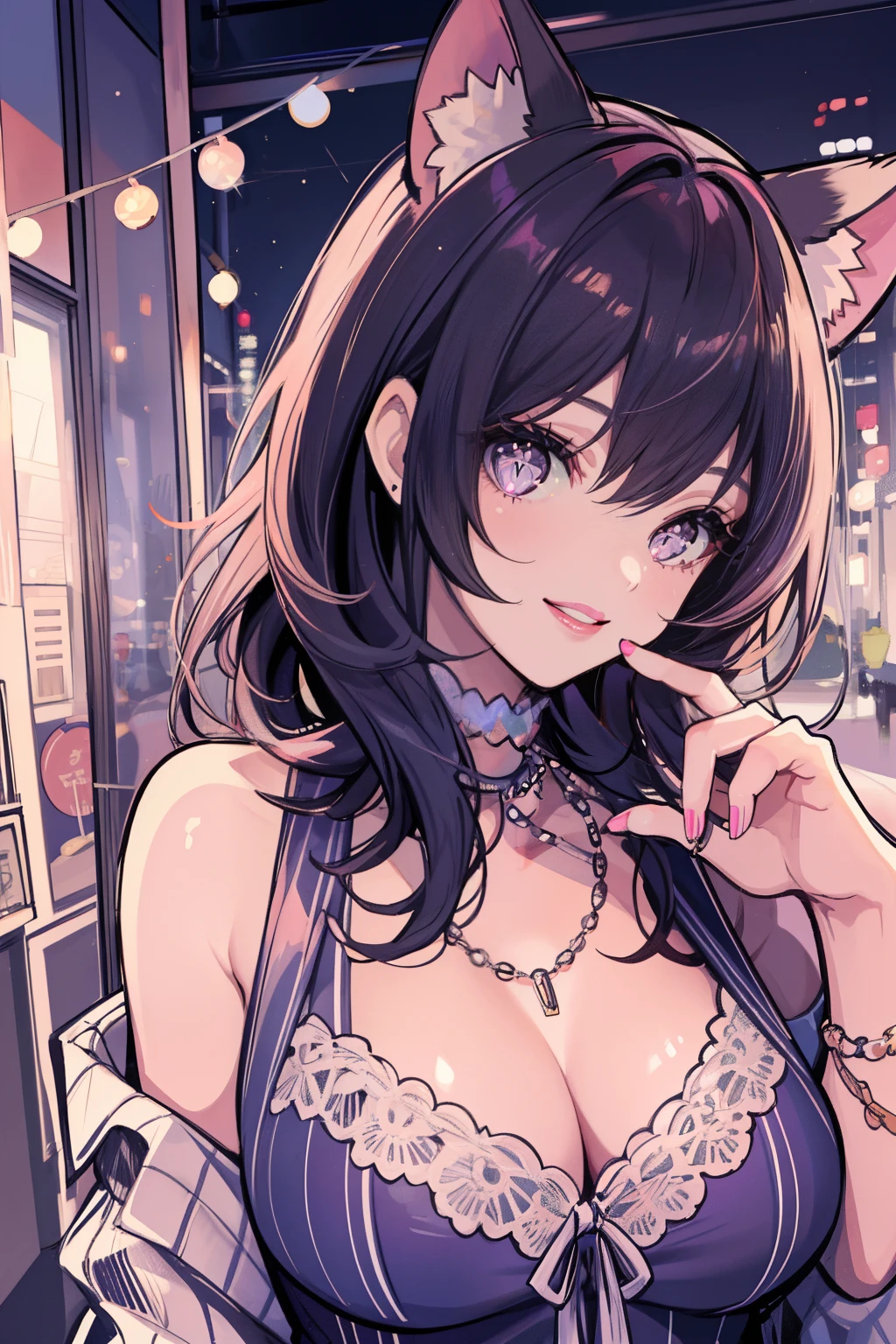 Cute girl with cat ears, Bob Hair, A dark-haired, sparkly eyes, False lashes, Pink lips, A smile, large full breasts, Cute casual clothes, Thumb and four fingers, Anatomically correct fingers, detail portrayal, colourfull,