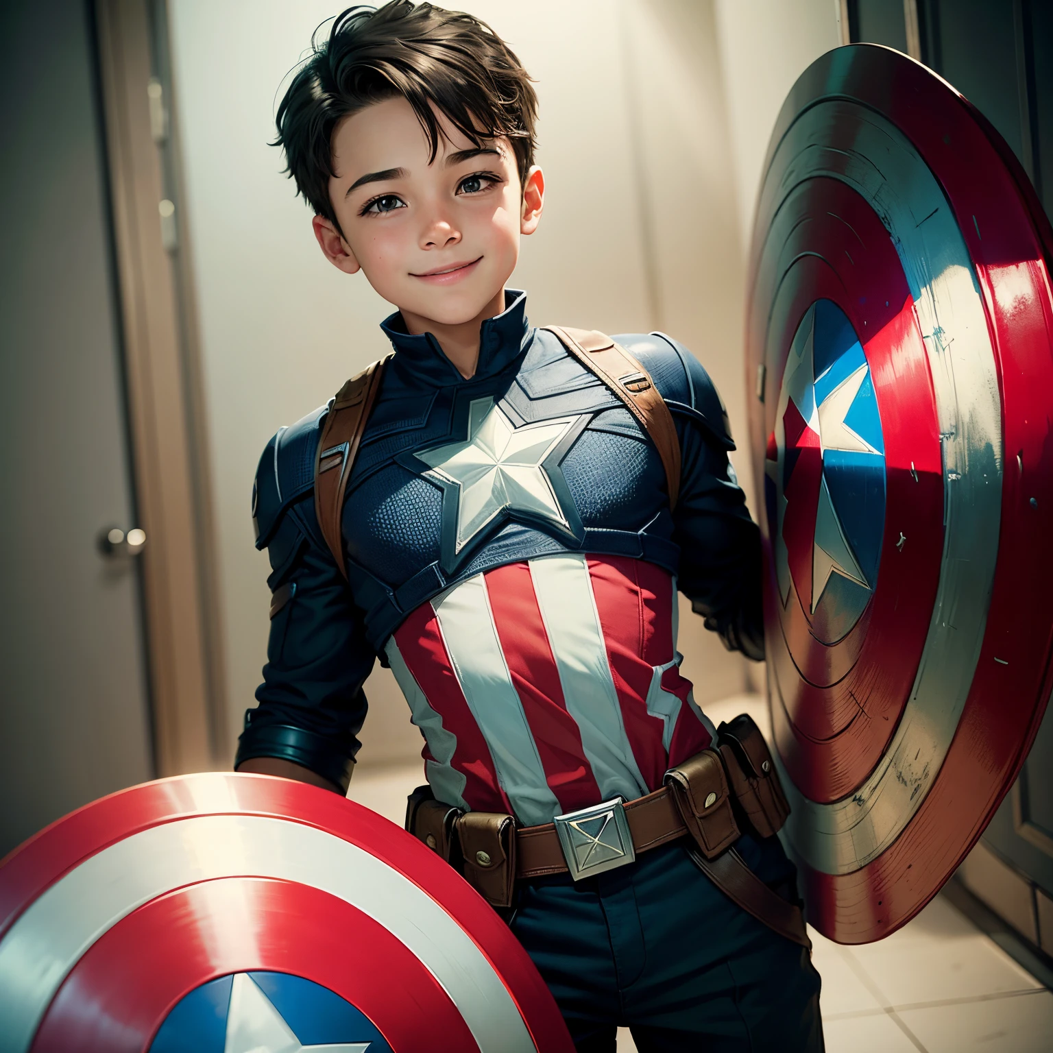 A young boy with,of a real,Marvel movies,captain america,Make a smile