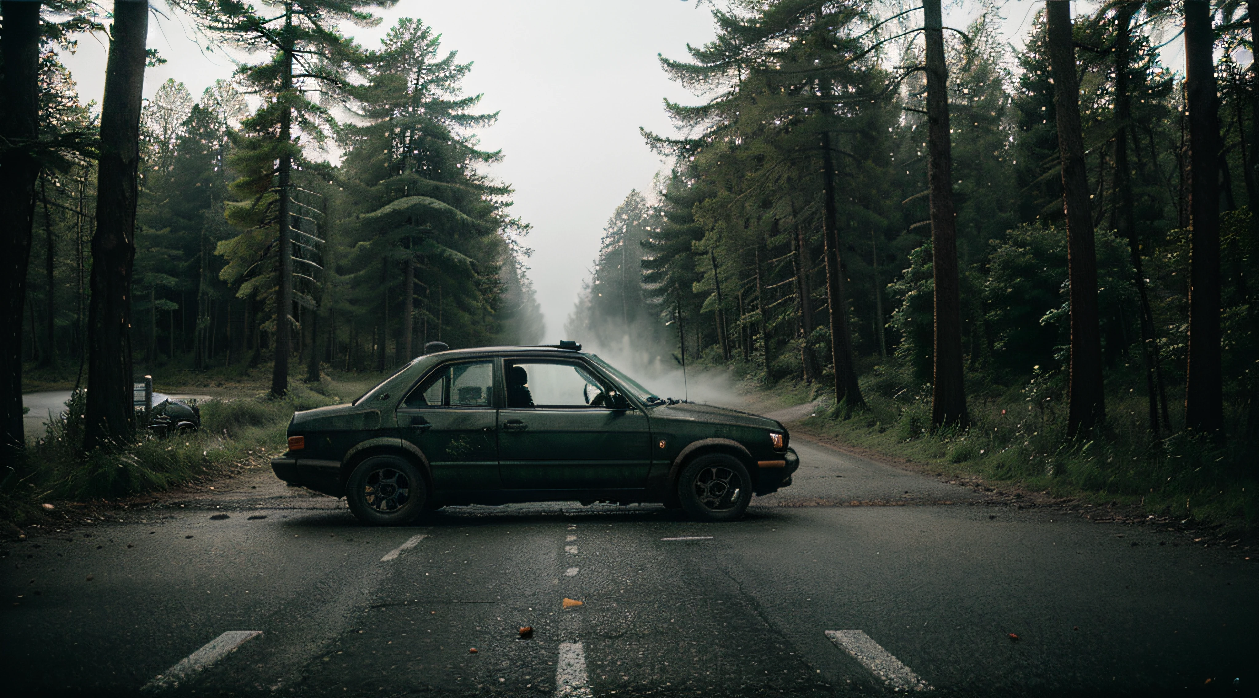 carro estacionado e vazio em uma estrada perto da floresta, carro com sinais de envelhecimento, janelas sujas. Caminho saindo da floresta para a estrada, estilo resident evil, floresta de guaxinim, multiple camera angles at night, ghostly scenery. Fog between the trees. Highly realistic and photographic. Top camera focusing on the car and the path between the forest and the road where the car is parked. post apocalyptic world.