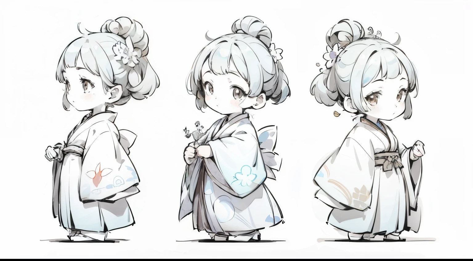 Drawing of three girls in kimonos standing side by side, high quality character design, Detailed character design, character design, Highly detailed character design, character design art, Character design sketches, traditional drawing style, very stylized character design, Character design concept, Stylized character design, lovely art style, # character design, corner draft, Anime character design