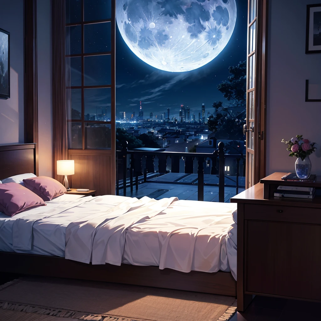 Moonlit night seen from the bedroom,(No person)