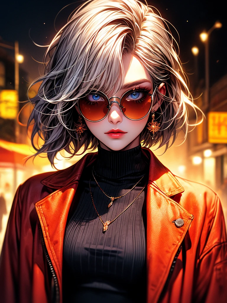 , (masterpiece:1.2), best quality,midjourney,
solo, tinted eyewear, jewelry, hair ornament, looking at viewer, black background, 1girl, short hair, blue eyes, earringackground, flower, upper body, hair flower, orange-tinted eyewear, sunglasses, necklace, jacket, closed mouth, floral print, bangs, blonde hair, white hair, makeup, round eyewear, piercing