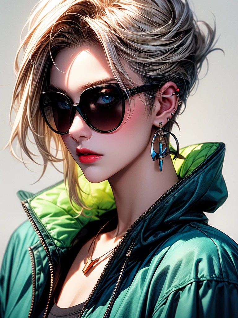 , (masterpiece:1.2), best quality,midjourney,
solo, tinted eyewear, jewelry, hair ornament, looking at viewer, black background, 1girl, short hair, blue eyes, earringackground, flower, upper body, hair flower, orange-tinted eyewear, sunglasses, necklace, jacket, closed mouth, floral print, bangs, blonde hair, white hair, makeup, round eyewear, piercing