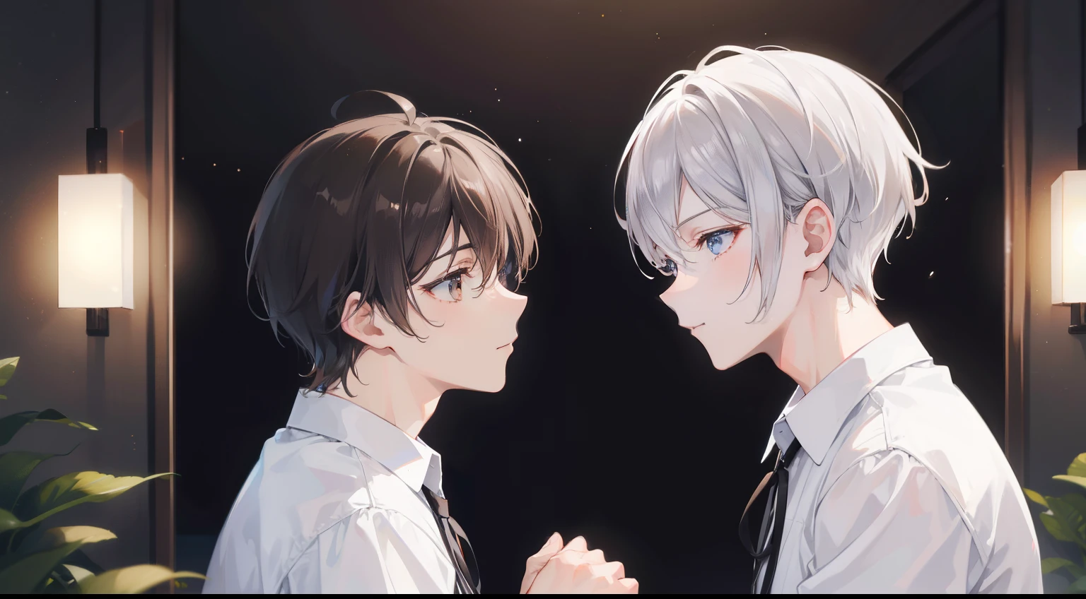 Two young men looking at each other in a room at night、One is a man with short brown hair..The other man has short silver hair..