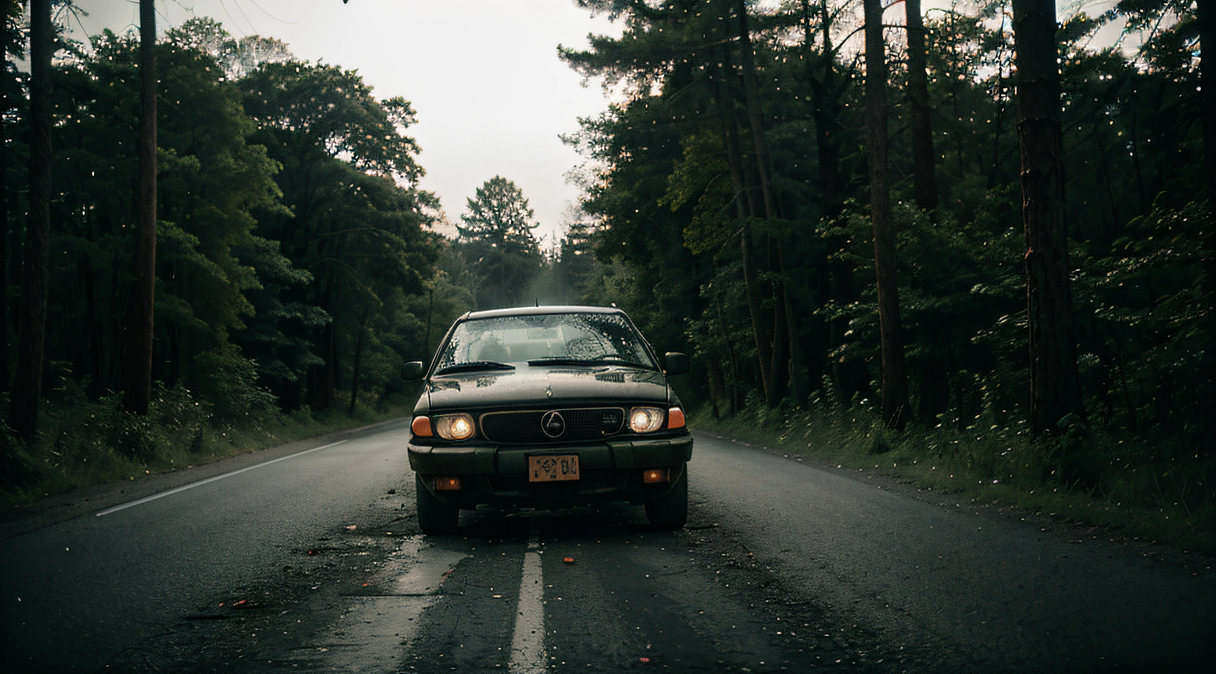 carro estacionado e vazio em uma estrada perto da floresta, carro com sinais de envelhecimento, janelas sujas. Caminho saindo da floresta para a estrada, estilo resident evil, floresta de guaxinim, multiple camera angles at night, ghostly scenery. Fog between the trees. Highly realistic and photographic. Top camera focusing on the car and the path between the forest and the road where the car is parked. post apocalyptic world.