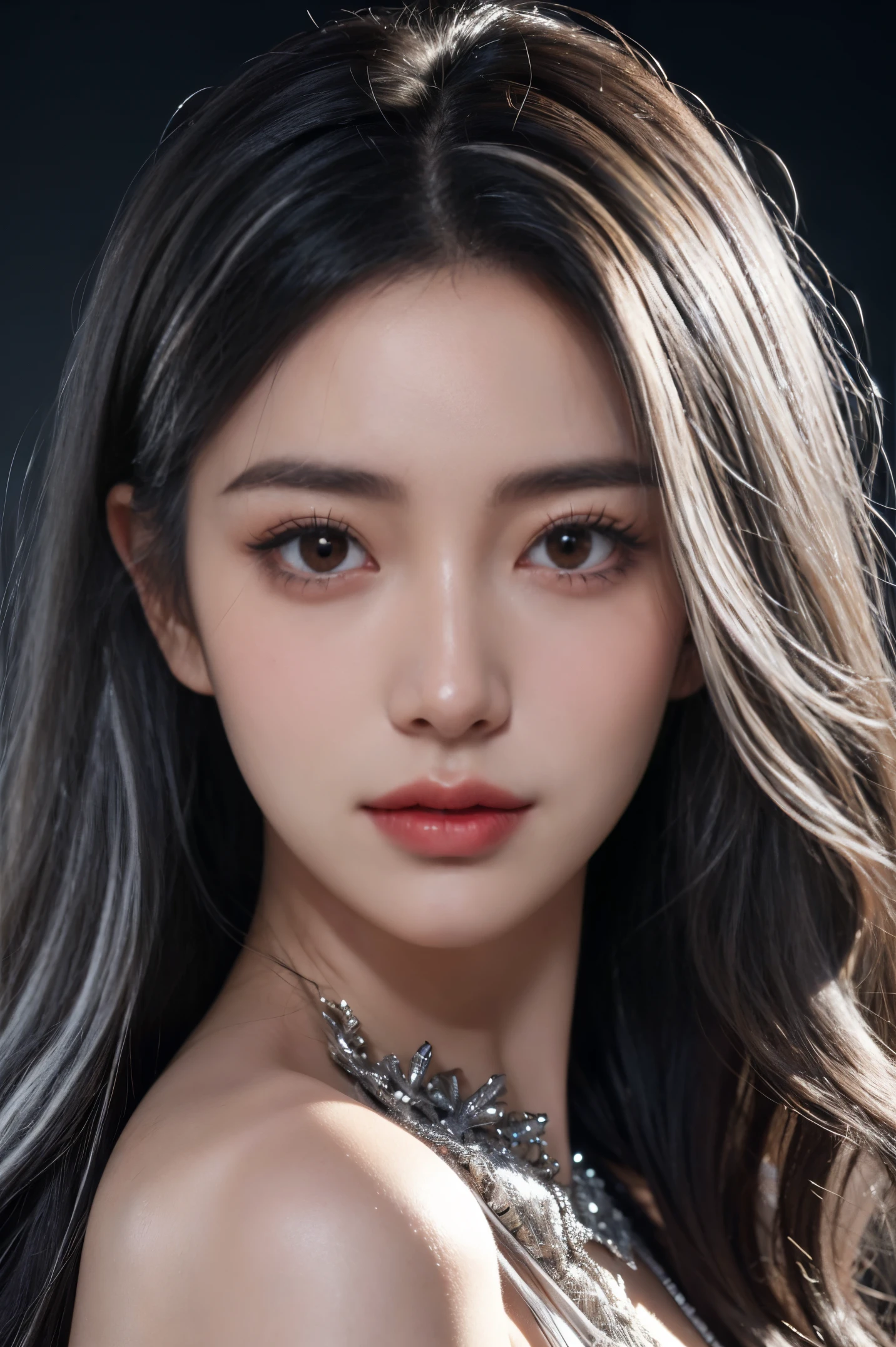 black hair, streaked hair, silver hair, curly hair, mole under eye, Surrealism, Verism, first-person view, 8k, super detail, textured skin, high details, 4K, highres