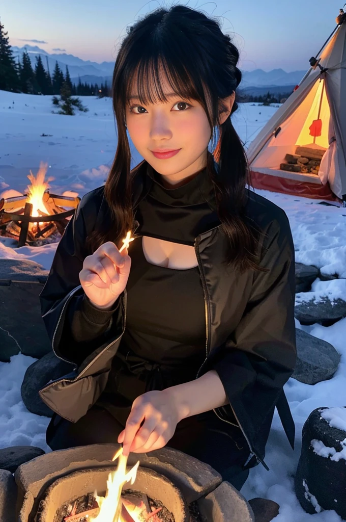 (top-quality,8K,​masterpiece:1.3,),(超A high resolution,Photorealsitic:1.4,Raw photography),(ultra-detailliert,shinny skin,Delicate skin),(Detailed face,Perfect ???????,Caustics),女の子1人,kawaii,18year old,japanes,Japanese ido,smil,Looking at the camera,A dark-haired,Short ponytail,White breath leaks in the cold season or winter. Crouch in front of the campfire, But I hold out my hand for warmth. Cleavage is visible, Tucked underwear.,Mountaineering Wear,in mountains,camp,teepee,bonfire,Bonfire in the middle,Realistic Flames,Sit on the side,deep in the night,Bonfire lights,The area is pitch dark,low angles