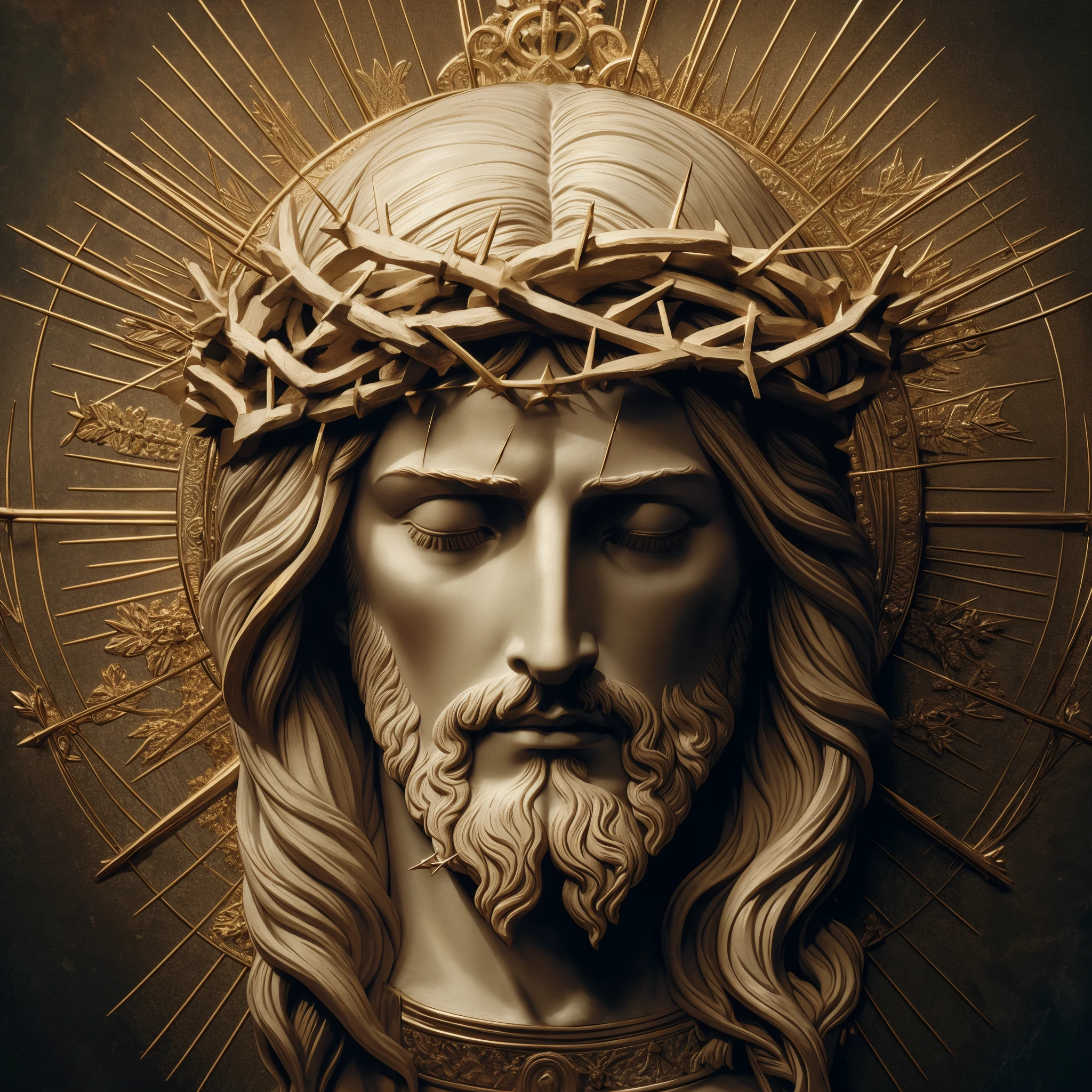 a close up of a statue of jesus with a crown of thorns on his head, jesus face, realistic 8k sculpted by Michelangelo, Carrara marble