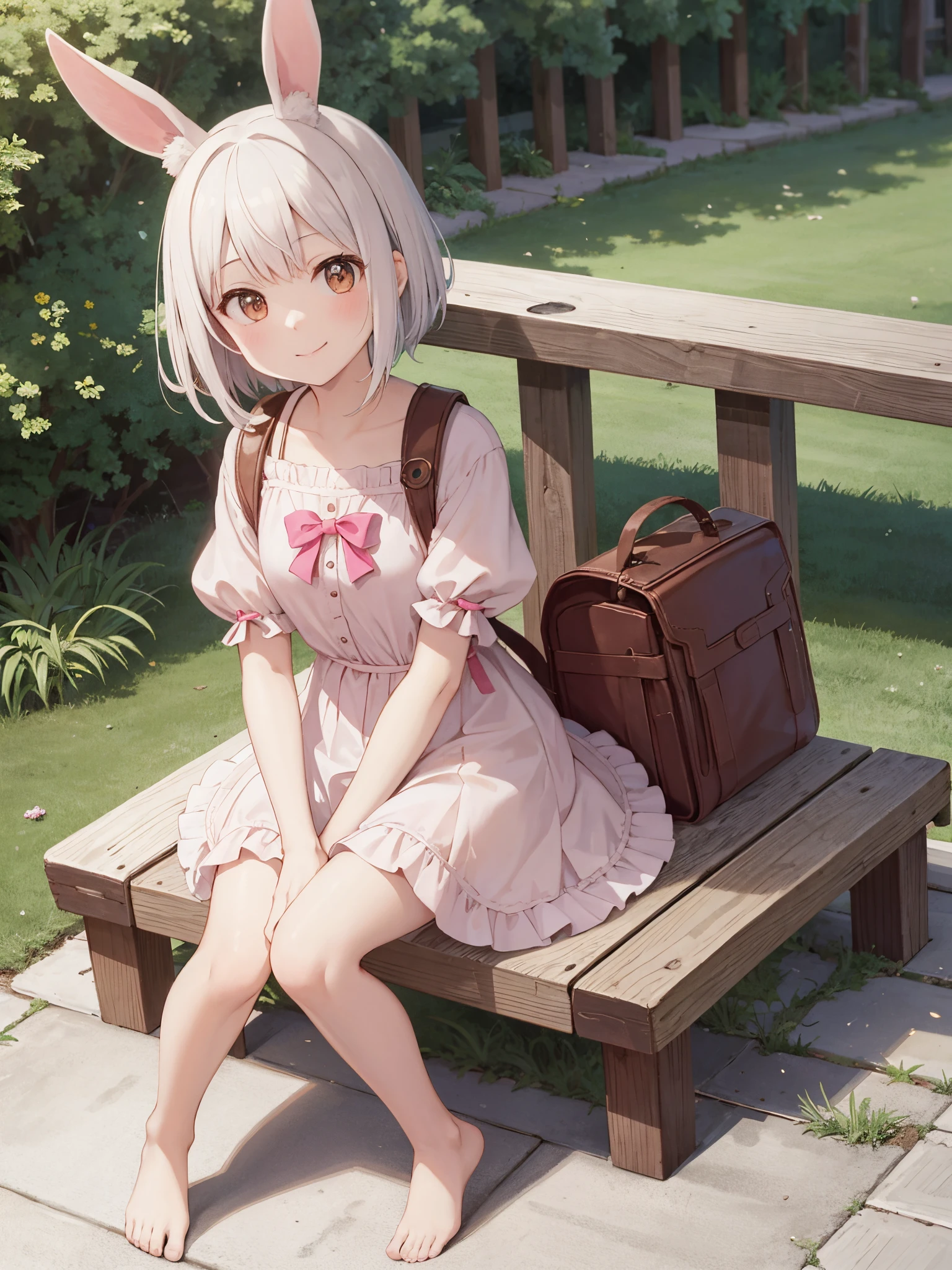 masutepiece, Best Quality, High resolution, Extremely detailed, Detailed background, Cinematic lighting, 1girl in, Looking at Viewer, Animal ears, Rabbit, Barefoot, Dress, Sitting, Rabbit ears, Short sleeves, Looking at Viewer, tussock, Short hair, Smile, White hair, Puffy sleeves, Outdoors, Puffy Short Sleeves, Bangs, Full body, Wearing a pink school bag backpack, (Randoseru Backpack:1.0), White Dress, Sunlight, Brown eyes, Dappled sunlight, day,