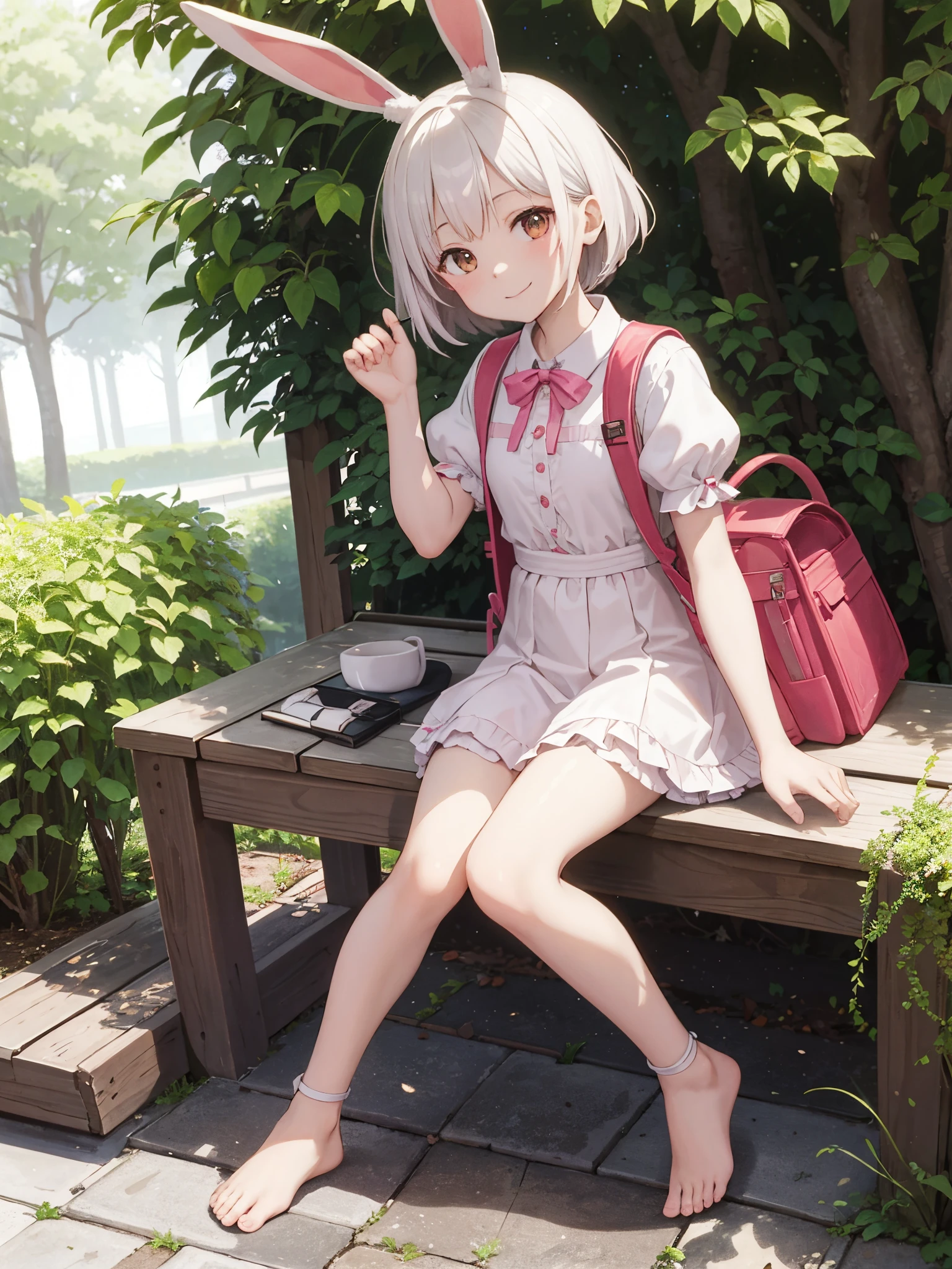 masutepiece, Best Quality, High resolution, Extremely detailed, Detailed background, Cinematic lighting, 1girl in, Looking at Viewer, Animal ears, Rabbit, Barefoot, Dress, Sitting, Rabbit ears, Short sleeves, Looking at Viewer, tussock, Short hair, Smile, White hair, Puffy sleeves, Outdoors, Puffy Short Sleeves, Bangs, Full body, Wearing a pink school bag backpack, (Randoseru Backpack:1.0), White Dress, Sunlight, Brown eyes, Dappled sunlight, day,