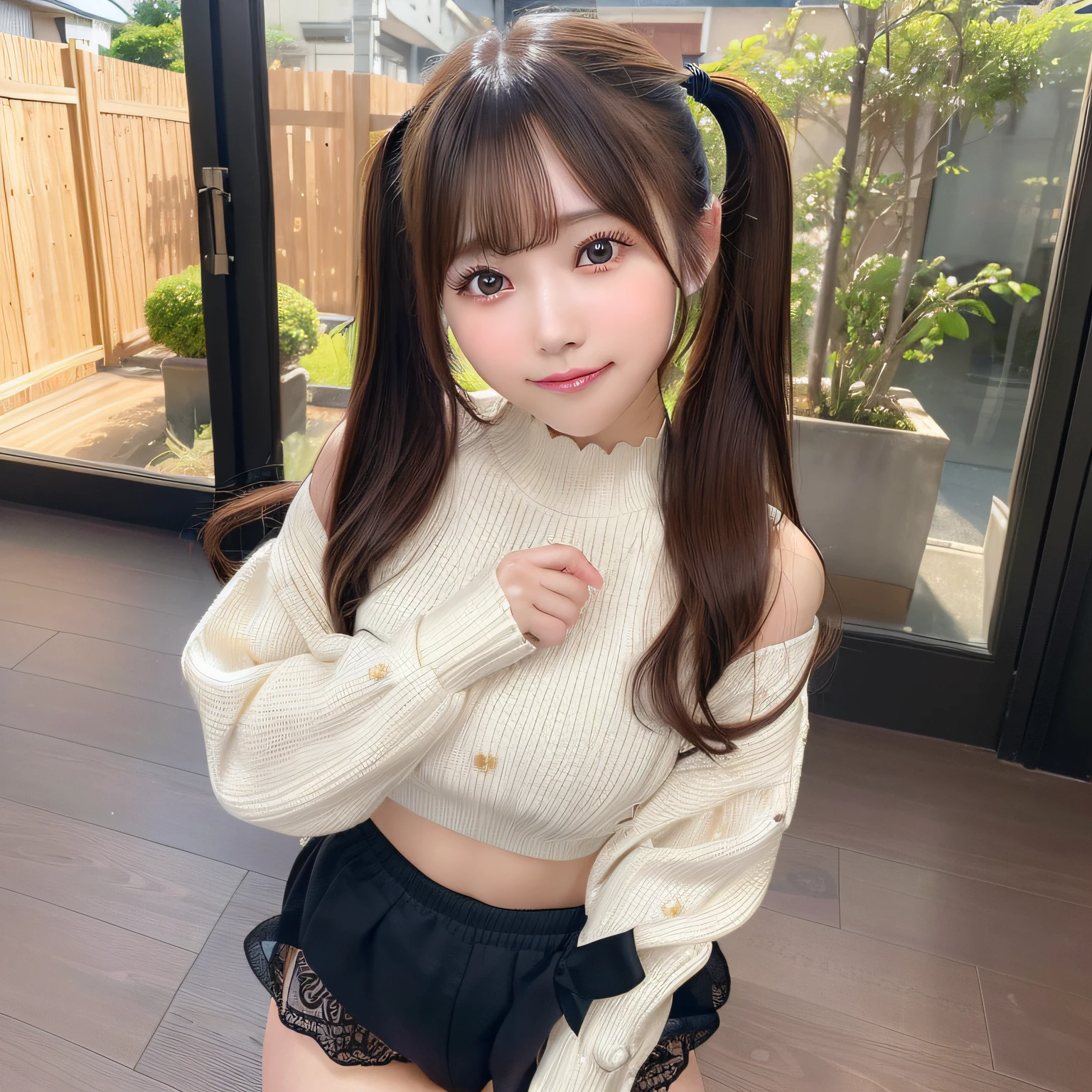 (Best Quality),(4K),(in 8K),(hight resolution),(Top image quality),cute little、sexy  pose,Twintails with brown hair、((Thin long-sleeved knit,、Detailed panties、thighs thighs thighs thighs:1.2))、Moe Sleeve、(realisitic、Photorealsitic、ultra-detailliert、Highest Details Skins、top-quality、​masterpiece、超A high resolution)、Cute Japan Woman、20yr old、younggirl、I have bangs、二重まぶた、drooing eyes、Large black eyes、Japanese style face、Cute smile、Charming、purity、View here、Realistic skin type