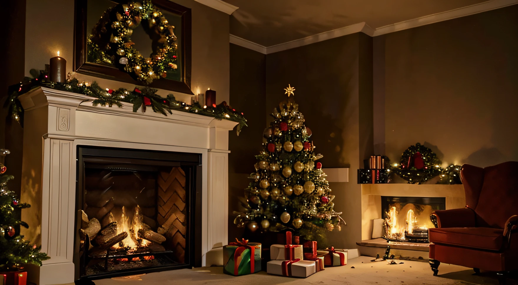 The fireplace is burning，Not far from the fireplace，There is a Christmas tree，Various decorations on the Christmas tree，There are various gifts under the tree