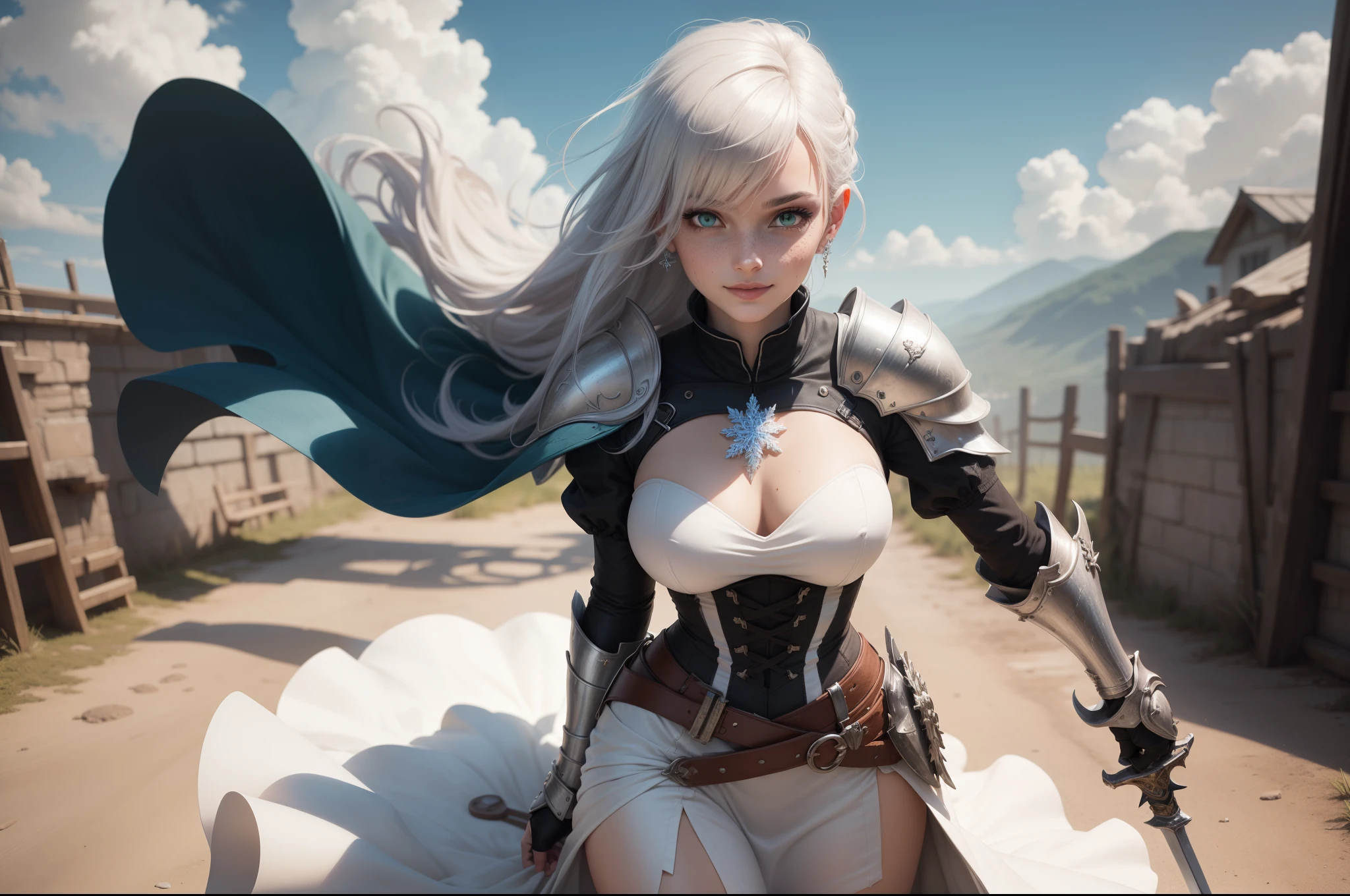 gwen tennyson,yorha 2b,tracer,claire farron,1girl,overwatch,atelier ryza,close up,battlefield view,tattoos,royal gray and white plugsuit,white short sleeve knight top,short sleeve knight full plate armor,long knight skirt,white knight corset,long hair,princess makeup,green eyes,multicolored silver hair,long dress train,shy smile,freckles,beautiful girl, knight thigh high boots,big breasts,8k, ultra detailed,realistic,fantasy art,silver knight uniform,queen gown dress,hair pin,ear piercings,snowflake hand and neck jewelry,(weather:windy),long gray knight cape,holding a sword on each hand,(pose:sword raised ready to attack),