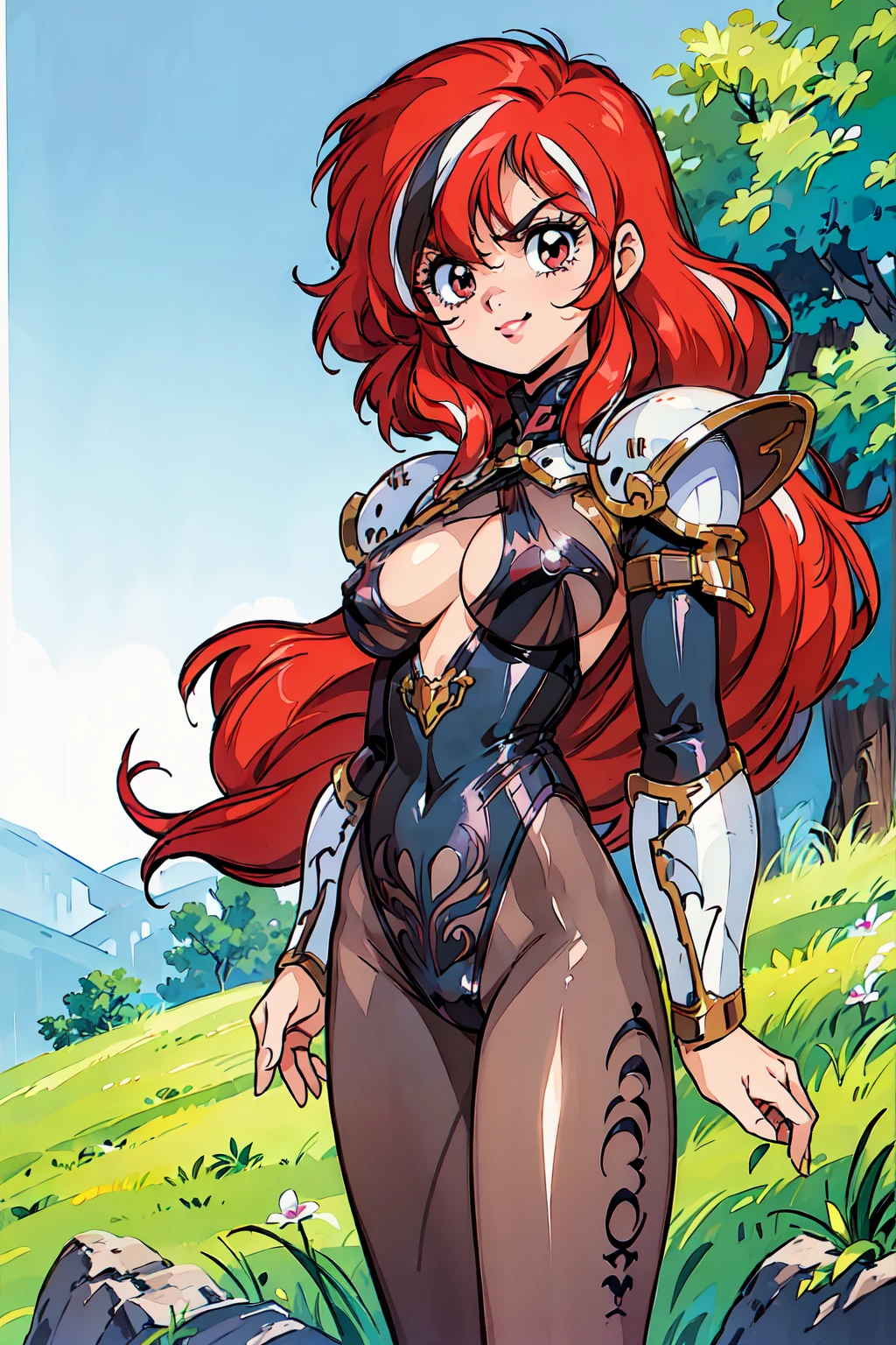 "(masterpiece:1.1), best quality,
1girl, (80s anime style:1.3), (eyelashes:1.5), (:1.2),
(intricate high detailed body:1.2),
(red hair:1.1), (hair over one eye:1.1), (long hair, wavy hair:1.1), (hair ribbon:1.2),
red eyes, (lip stick:1.3), (thick eyebrows:1.1),
(curvy body:1.1), (large breasts:1.1),
(angry, smile:1.2),
(see-through lace body suit armor, underboob cutout:1.2), (pantyhose:1.2),
(knight armor, armored boots:1.2), (frill:1.1), (streaked hair:1.2), sleeve,
standing,
(upper body, cowboy shot, looking at viewer, from front:1.1),
daytime, outdoors"