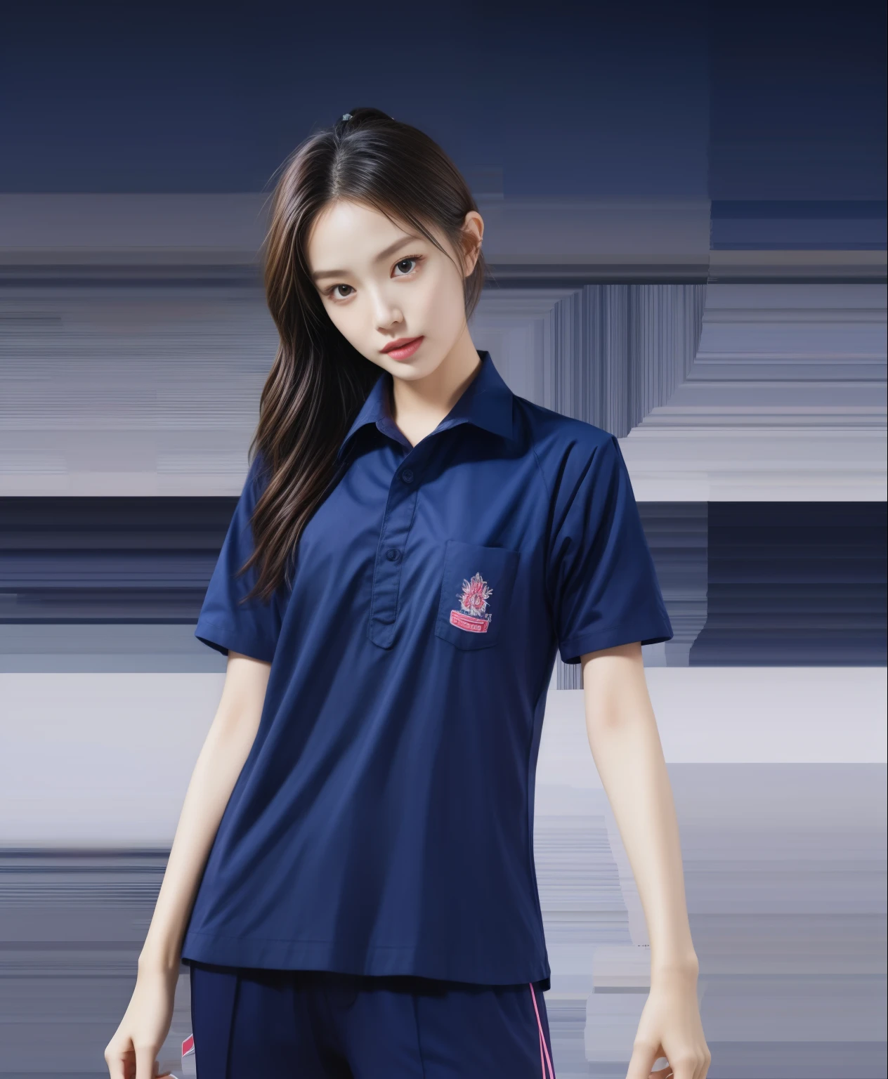 (bestquality,10,10,highres,masterpiece:1.2),ultra-detail,(Realistic,photorealistic portrait,photo-realistic:1.37),1 Cute girl in the football field,oily shiny skin,bara,light smile,BDclothelue shirt:1.3)),short sleeves,shirt, trousers.,(navy_long_Pants Track:1.1), ((Stadium Background:1.3)),dynamic angle,excited,face focus,Dynamic Poses,from behide,Ass Focus,masterpiece, bestquality, ultra realistic, hyper-detail, 8k resolution, RAW photo, crisp focus, ((Navy blue shirt:1.1)), short sleeves, Long Path, Perfect body, 2 mature women, 18yo, cinematic light,Blue sweatpants,Gymware,Correct anatomy,Complete body, Correct body, sharp face, Anatomically correct body, full entire body, Realistic gestures, long-haired, Realistic poses,Wear long shorts...........................................,Long leg span,Shapely,Sculpting Girl, Slender Figure, mannequin mannequins, Shapely, Beautiful body,Blue sweatpants, Two girls kissing