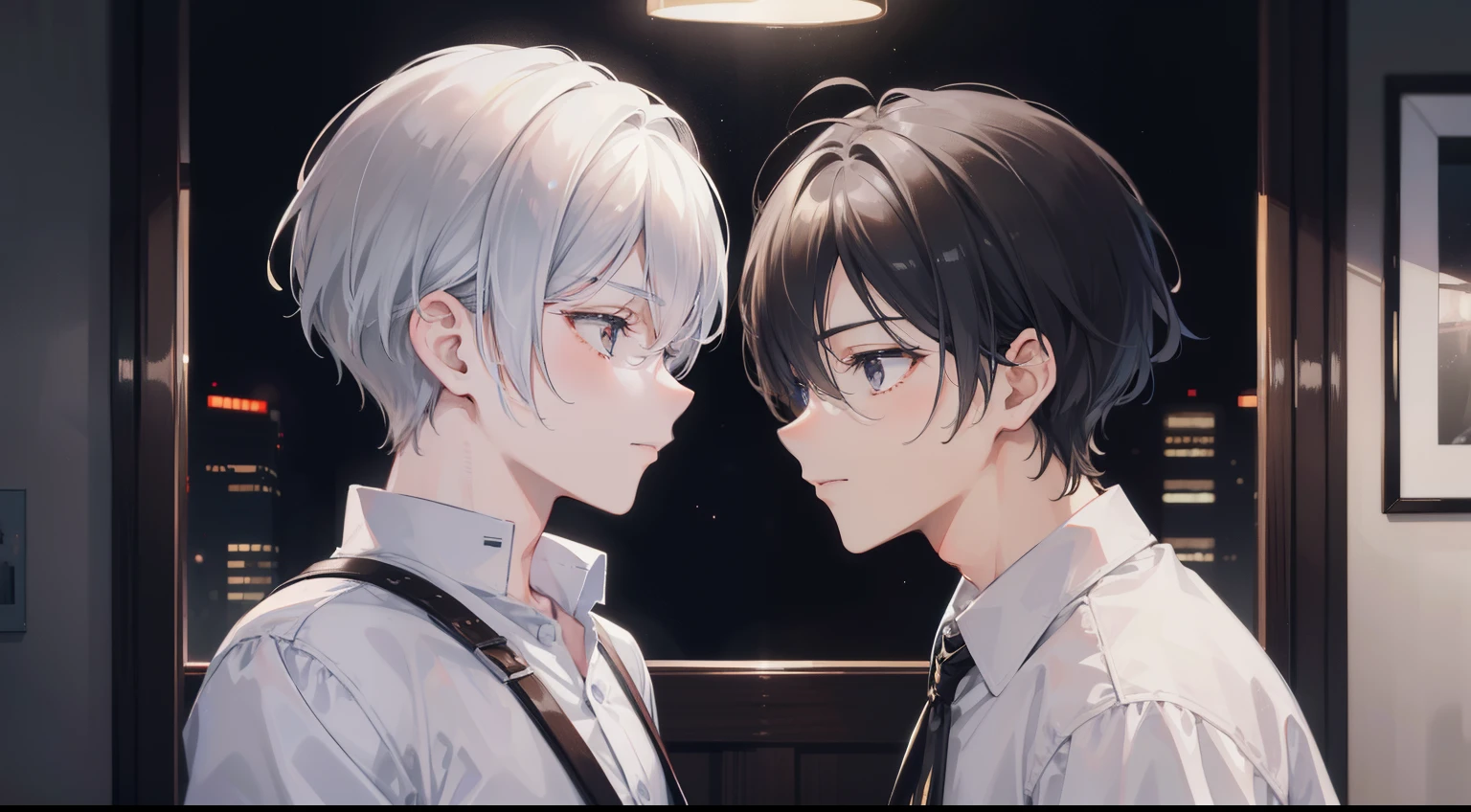 Two young men looking at each other in a room at night、One is a man with short brown hair..The other man has short silver hair..