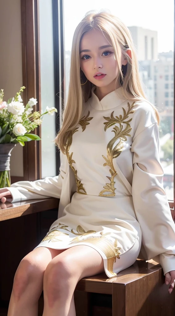 (((tmasterpiece, Best quality at best, k hd, high detal)))), (((fanciful))), ((Walled City)), ((Inside the inn)), (Sitting on a chair looking out the window))), ((people passing through this city)), Youn, elf woman, White gold embroidered skirt, Blonde hair with long straight hair, Deep green eyes, Gold embroidered green coat, ssmile, bigger, (light wind) , There are a lot of light particles floating in the room