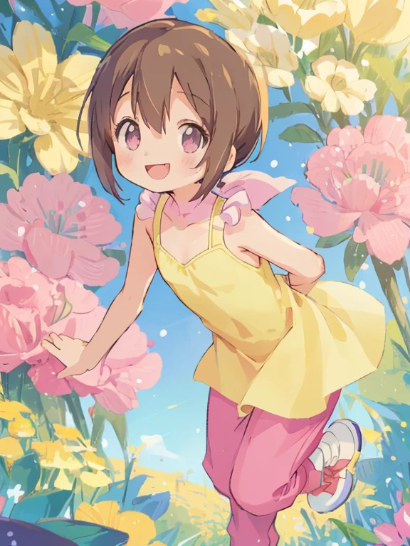 Best Quality, masutepiece, Perfect Anatomy,hight resolution, Detailed, very beautiful detailed body, Hikari Detsugu,  Embarrassing red face, Smile,Transparency, Leaning forward、Place your chest firmly against the legend&#39;s knee.,showing off body, Solo,Yellow dress, Pink pants, Small cleavage,Lori，2nd grade elementary school student、(small ****，Chiquita，For 8 years old，Short stature)，A girl with small breasts、Small body，child, 年轻, Happy,clean line drawings, A girl child,Draw an image using pointillism、Creates a cohesive and visually stunning whole,((Beautiful detailed eyes)) ,Detailed gradient eyes,