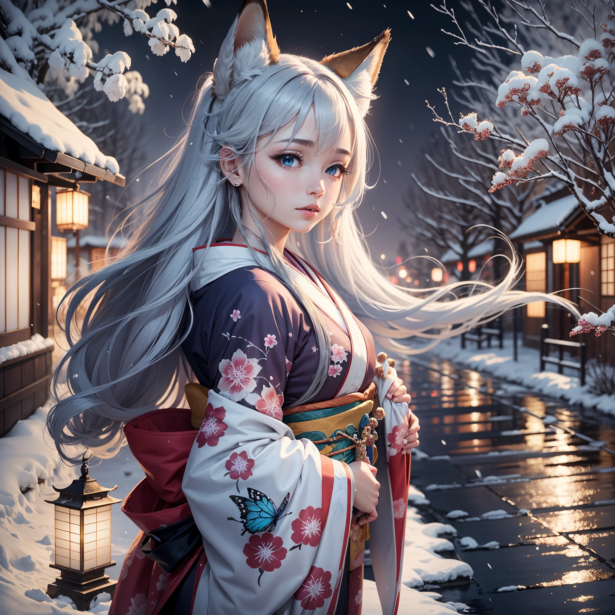 (High detailed CG unity 16k wallpaper:1.1), (noise reduction strength:1.45), (masterpiece:1.37), original, (very fine and beautiful), (perfect details), (unity CG 8k wallpaper:1.05), (beautiful crisp background:1.25), (one pretty girl (2 fox ears:0.9) with (fox tail on the back:1.2) standing by the river:1.15). (pretty type:1.3), (thin pretty eyes:1.retty face:1.3), silver hair, silver ears, (pink hair:0.7), (pink ears:0.7), long hair, (Japanese kimono:1.25), (wind blown hair:1.1), (blue eyes:1.1), ( girl:1. 1) fluttering Butterfly, (Moonlight:0.6), Tree, Snow Dancing, (Winter Orientation), (Night:1.2), (Gloves:0.8), Solo, (Illustration), (Depth of Field:0.7), (Close-Up :0.35), God Rays, Sparks, Glowing Light, (Mast Piece) --auto --s2