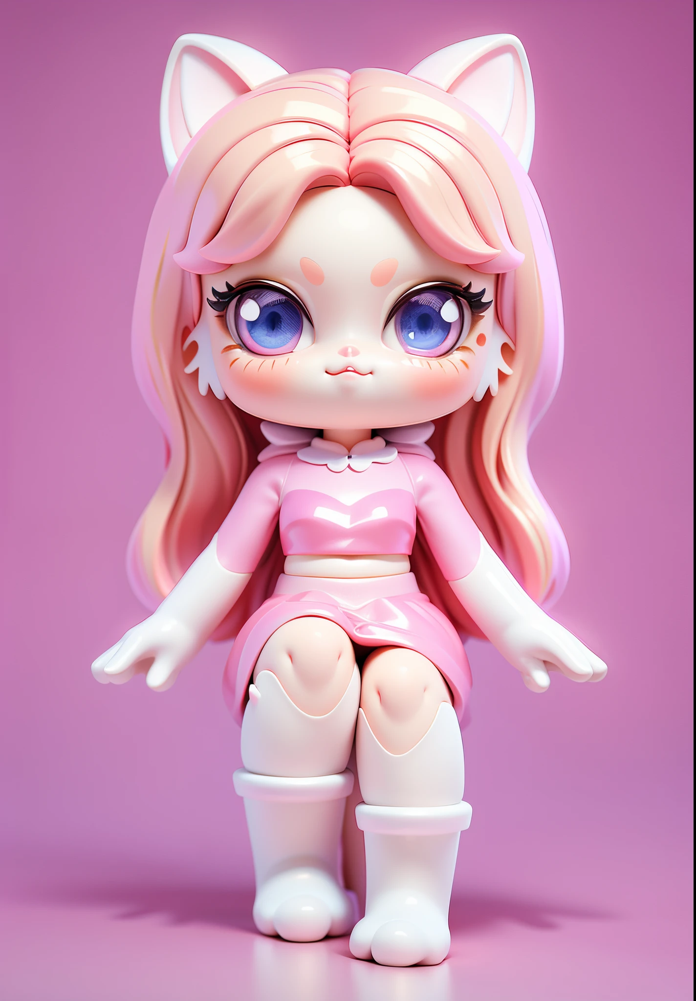 (masterpiece:1,2, cat-like mouth, pink background), best quality, masterpiece, original, extremely detailed, perfect lighting,(extremely detailed CG:1.2), 8K, 3d style,anime girl, pink skirt break blonde hair breakblue eyes, very beautiful and lovely cat woman, lovely digital art ,chibi,3d rendering, c4d, blender, octane render, popular toys, blind box toys, Disney style