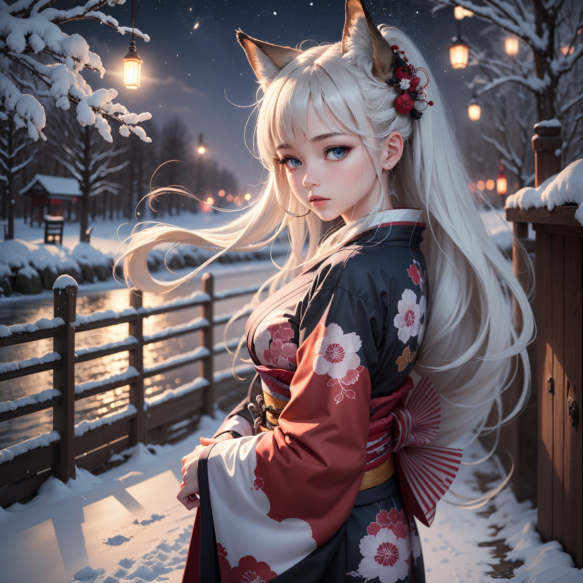 (High detailed CG unity 16k wallpaper:1.1), (noise reduction strength:1.45), (masterpiece:1.37), original, (very fine and beautiful), (perfect details), (unity CG 8k wallpaper:1.05), (beautiful crisp background:1.25), (one pretty girl (2 fox ears:0.9) with (fox tail on the back:1.2) standing by the river:1.15). (pretty type:1.3), (thin pretty eyes:1.retty face:1.3), silver hair, silver ears, (pink hair:0.7), (pink ears:0.7), long hair, (Japanese kimono:1.25), (wind blown hair:1.1), (blue eyes:1.1), ( girl:1. 1) fluttering Butterfly, (Moonlight:0.6), Tree, Snow Dancing, (Winter Orientation), (Night:1.2), (Gloves:0.8), Solo, (Illustration), (Depth of Field:0.7), (Close-Up :0.35), God Rays, Sparks, Glowing Light, (Mast Piece) --auto --s2