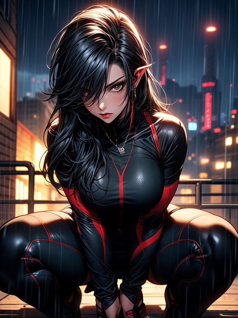 Dark elf woman in all black, assassin, dark elf, tall, crouching on rooftop overhead, dark colors, athlete, under the gise of night, ultra deatailed, black hair, brown eyes, epic scene, fully equipped, eyes on the target, preparing an assassination,soft skin, night sky, rainy, beautiful woman, strong woman, independent, medium length hair,