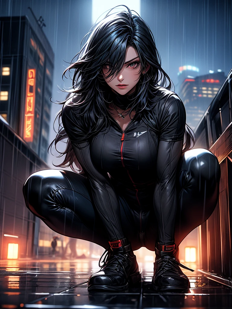 Dark elf woman in all black, assassin, dark elf, tall, crouching on rooftop overhead, dark colors, athlete, under the gise of night, ultra deatailed, black hair, brown eyes, epic scene, fully equipped, eyes on the target, preparing an assassination,soft skin, night sky, rainy, beautiful woman, strong woman, independent, medium length hair,