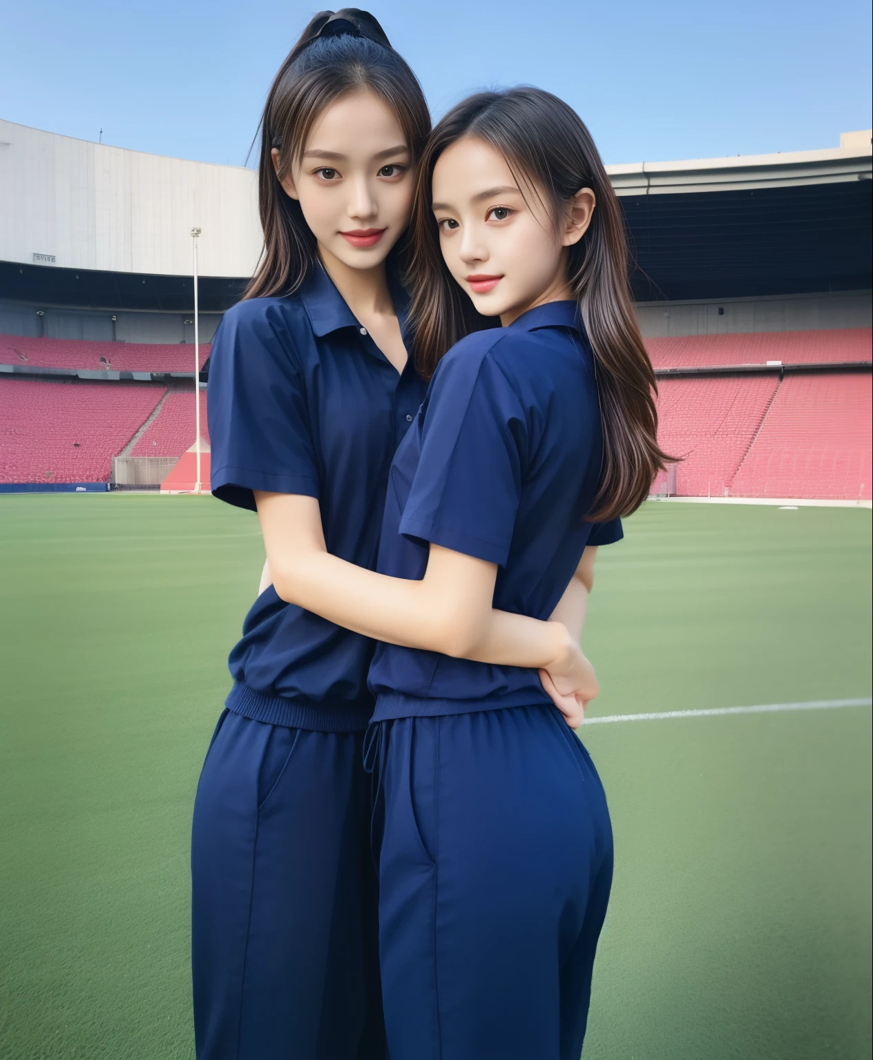 (bestquality,10,10,highres,masterpiece:1.2),ultra-detail,(Realistic,photorealistic portrait,photo-realistic:1.37),1 Cute girl in the football field,oily shiny skin,bara,light smile,BDclothelue shirt:1.3)),short sleeves,shirt, trousers.,(navy_long_Pants Track:1.1), ((Stadium Background:1.3)),dynamic angle,excited,face focus,Dynamic Poses,from behide,Ass Focus,masterpiece, bestquality, ultra realistic, hyper-detail, 8k resolution, RAW photo, crisp focus, ((Navy blue shirt:1.1)), short sleeves, Long Path, Perfect body, 2 mature women, 18yo, cinematic light,Blue sweatpants,Gymware,Correct ???????,Complete body, Correct body, sharp face, Anatomically correct body, full entire body, Realistic gestures, long-haired, Realistic poses,Wear long shorts.........................................,Long leg span,Shapely,Sculpting Girl, Slender Figure, mannequin mannequins, Shapely, Beautiful body,Blue sweatpants, Two girls kissing