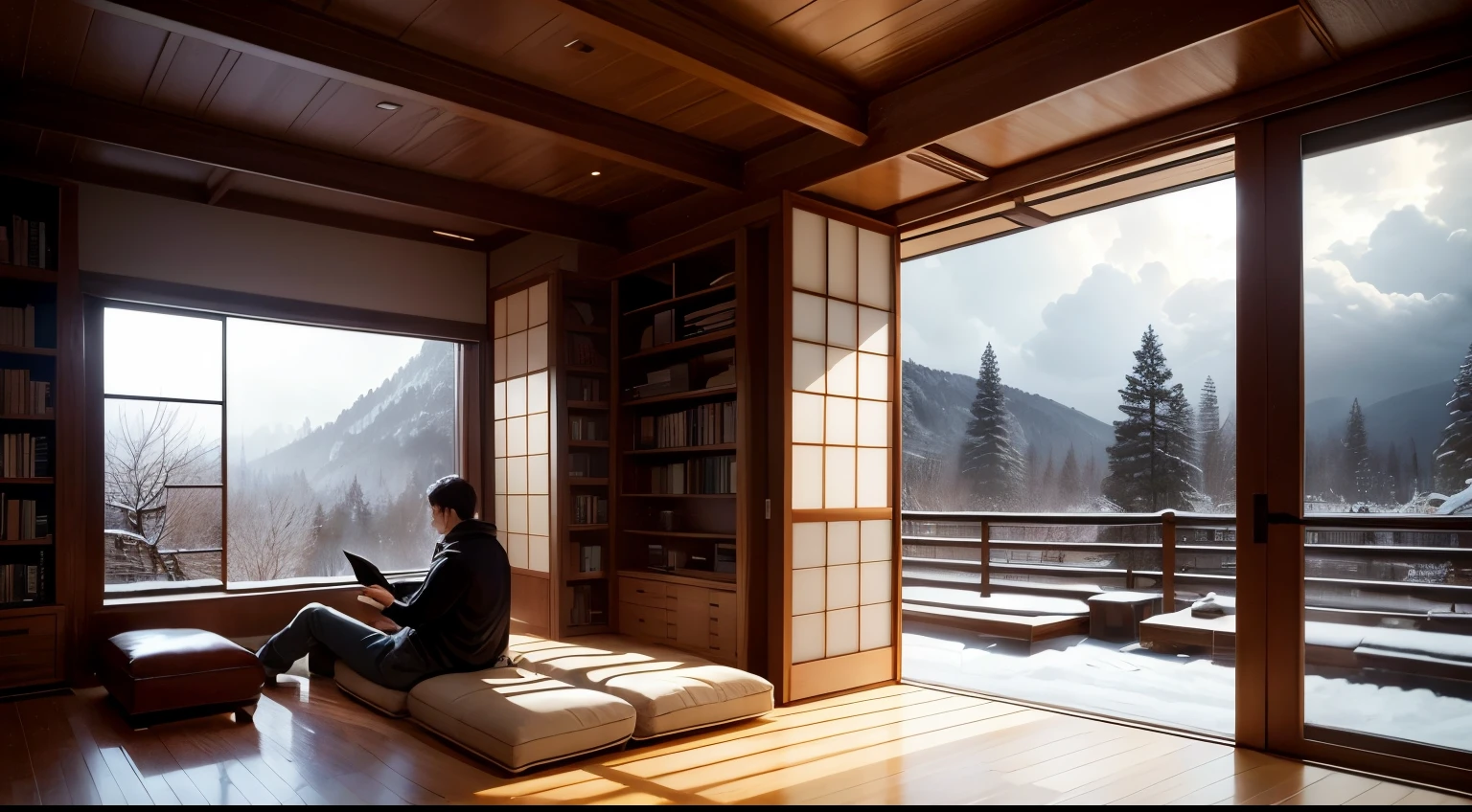 modern Japanese-style home library interior design with a winter nature view. Bookshelves, cozy, dramatic lighting cloudy day, anime couples reading a book together