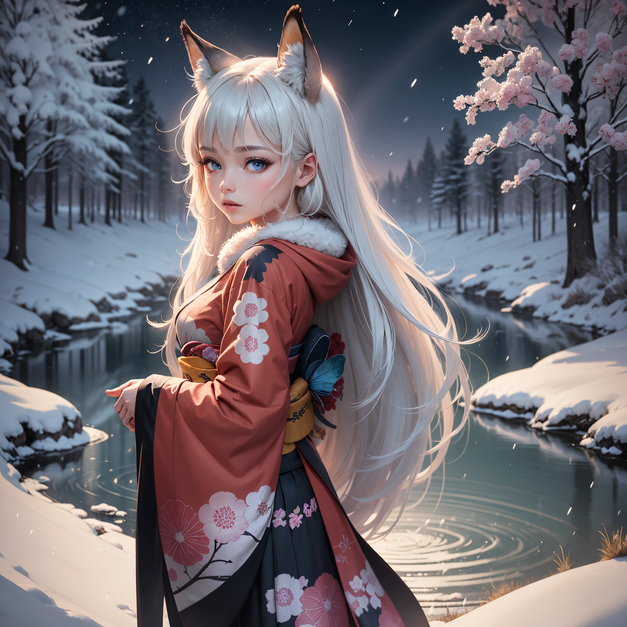 (High detailed CG unity 16k wallpaper:1.1), (noise reduction strength:1.45), (masterpiece:1.37), original, (very fine and beautiful), (perfect details), (unity CG 8k wallpaper:1.05), (beautiful crisp background:1.25), (one pretty girl (2 fox ears:0.9) with (fox tail on the back:1.2) standing by the river:1.15). (pretty type:1.3), (thin pretty eyes:1.retty face:1.3), silver hair, silver ears, (pink hair:0.7), (pink ears:0.7), long hair, (Japanese kimono:1.25), (wind blown hair:1.1), (blue eyes:1.1), ( girl:1. 1) fluttering Butterfly, (Moonlight:0.6), Tree, Snow Dancing, (Winter Orientation), (Night:1.2), (Gloves:0.8), Solo, (Illustration), (Depth of Field:0.7), (Close-Up :0.35), God Rays, Sparks, Glowing Light, (Mast Piece) --auto --s2