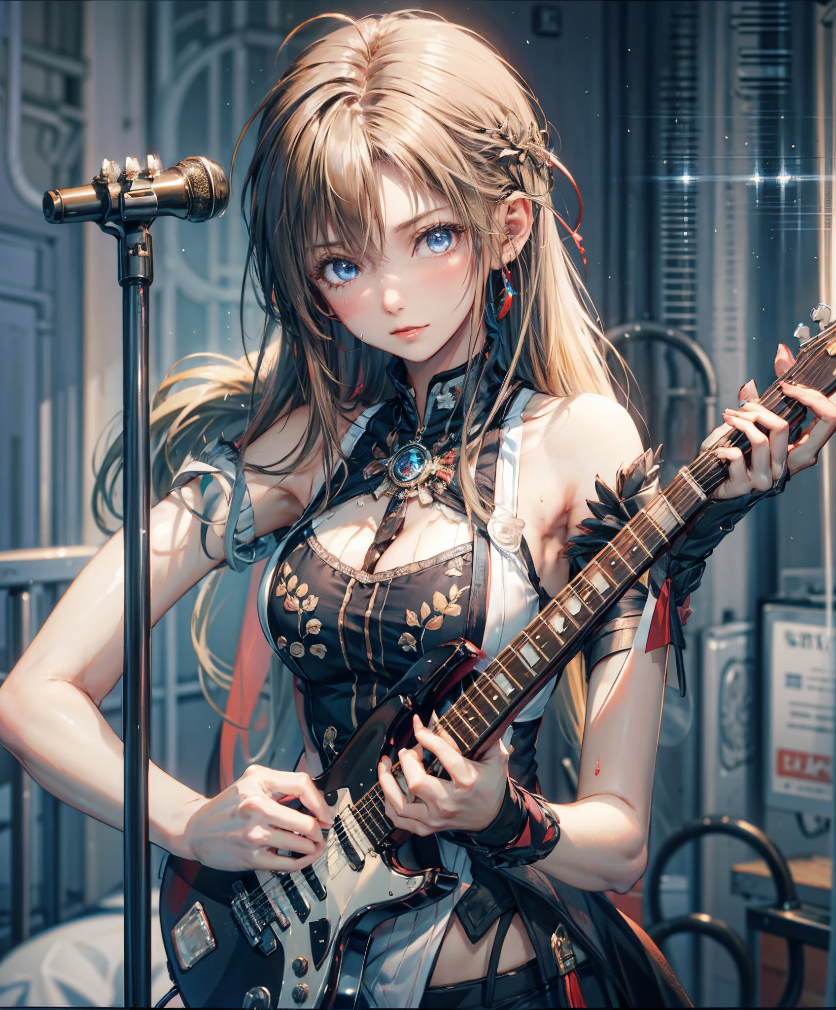 (masutepiece), A sexy、Natural light, Photorealistic, Cameltoe, diffuse glow, depth of fields, big eye、Blue eyes、a blond、Playing guitar、Live performance venue、natta、Sweat splashes、