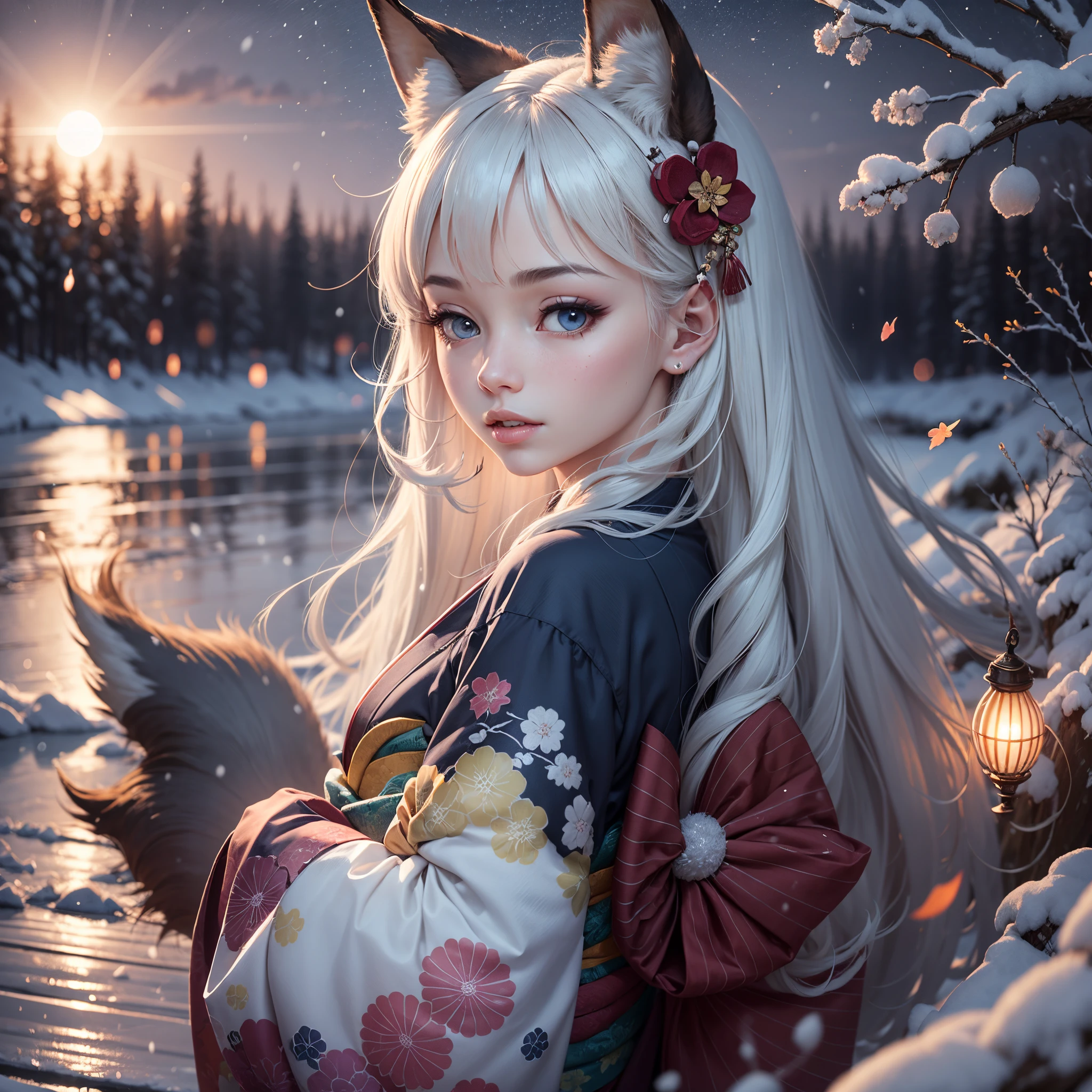 (High detailed CG unity 16k wallpaper:1.1), (noise reduction strength:1.45), (masterpiece:1.37), original, (very fine and beautiful), (perfect details), (unity CG 8k wallpaper:1.05), (beautiful crisp background:1.25), (one pretty girl (2 fox ears:0.9) with (fox tail on the back:1.2) standing by the river:1.15). (pretty type:1.3), (thin pretty eyes:1.retty face:1.3), silver hair, silver ears, (pink hair:0.7), (pink ears:0.7), long hair, (Japanese kimono:1.25), (wind blown hair:1.1), (blue eyes:1.1), ( girl:1. 1) fluttering Butterfly, (Moonlight:0.6), Tree, Snow Dancing, (Winter Orientation), (Night:1.2), (Gloves:0.8), Solo, (Illustration), (Depth of Field:0.7), (Close-Up :0.35), God Rays, Sparks, Glowing Light, (Mast Piece) --auto --s2