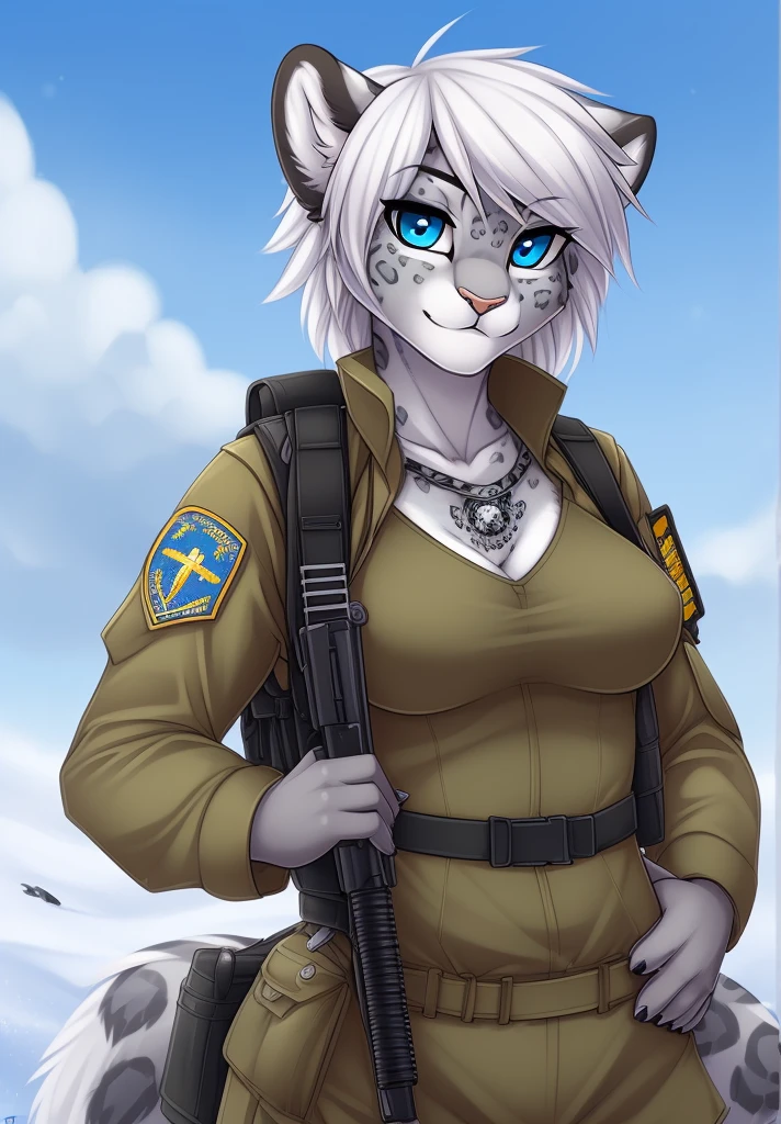 by fluff-kevlar, (best quality, masterpiece:1), solo, anthro, furry, female, ((Snow Leopard)), blue eyes, white hair, short hair, portrait, fingers, finger claws, looking at viewer, snow leopard tail, ((huge tuft of hair on the chest)), ((Military uniform)), ((fully clothed)), ((medium breasts)), (tactical vest), (backpack), ((Ukrainian patch))