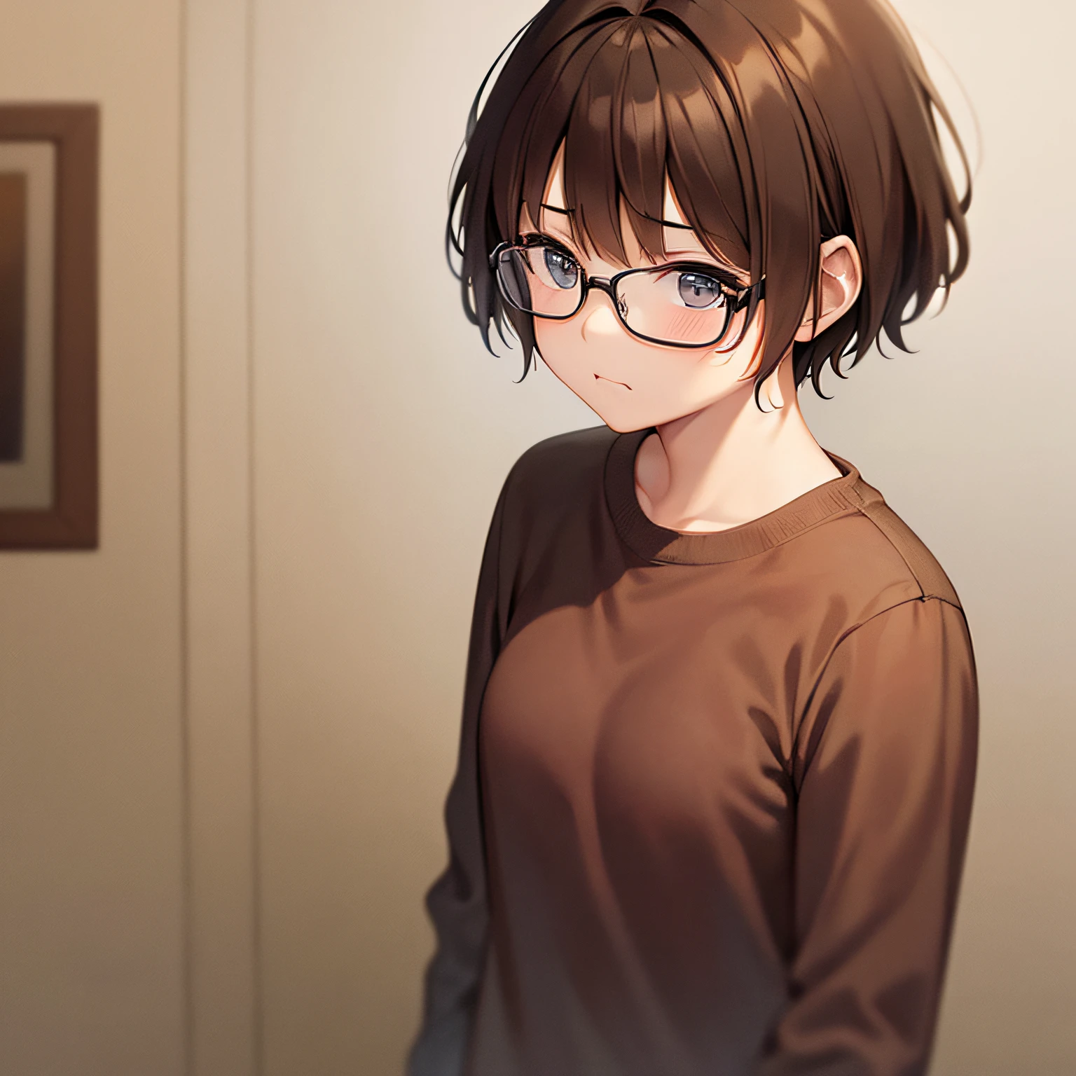 brown haired woman with short hair、hightquality、wears glasses、without background、Alone、Sad face、Facing forward