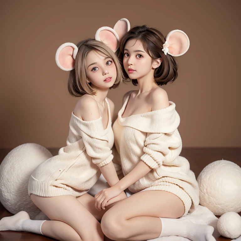 twincest, Mouse Girl, fluffy white short hair, big round mouse ears, whitesweater, take hand, ((dark brown colored eyes)), husband and wife, The beautiful, glossy lips, 詳細な目