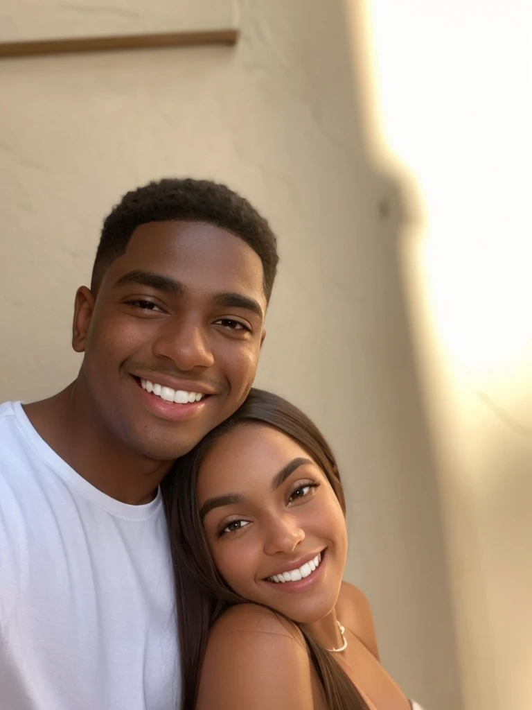 um casal de um homem negro de cabelo curto e mulher morena de cabelo liso, smiling at camera.