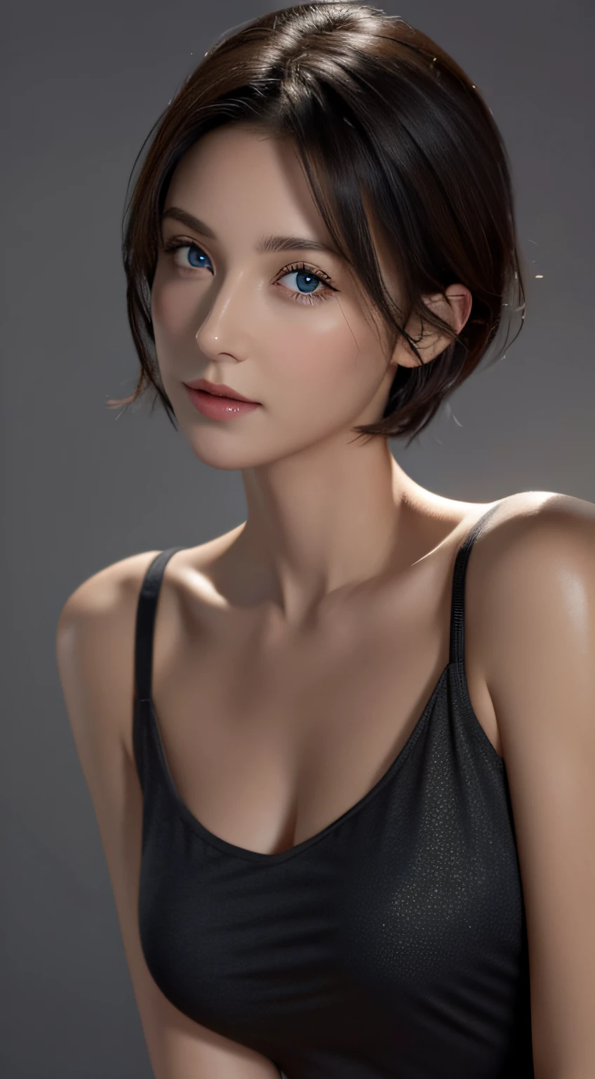 Skin Tight Black Top:1.2, Looking at Viewer, Cinematic lighting, Perfect, softlight, High resolution skin:1.2, Realistic skin texture, 30 years old mature woman、a small face、no-makeup、, off shoulders,Bust B Cup、Small cleavage, Blue eyes, Short hair, dark brown  hair、fullnude、Gray background、