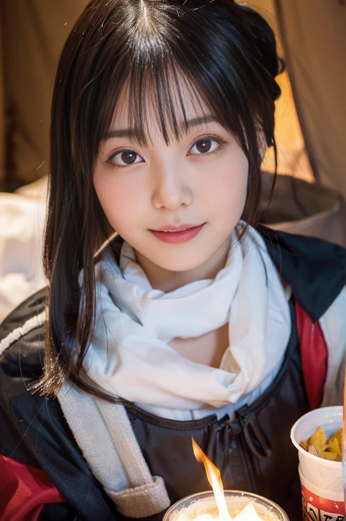 (top-quality,8K,masterpiece:1.3,),(超A high resolution,Photorealsitic:1.4,Raw photography),(ultra-detailliert,shinny skin,Delicate skin),(Detailed face,Perfect Anatomy,Caustics),1人,kawaii,18year old,japanes,Japanese ido,smil,Looking at the camera,A dark-haired,Short ponytail,White breath leaks in cold seasons and winter. In the tent. Cleavage is visible, Tuck underwear.,Mountaineering Wear,in mountains,teepee,bonfire,Bonfire in the middle,Realistic Flames,Sit on the side,deep in the night,Bonfire lights,The area is pitch dark,low angles