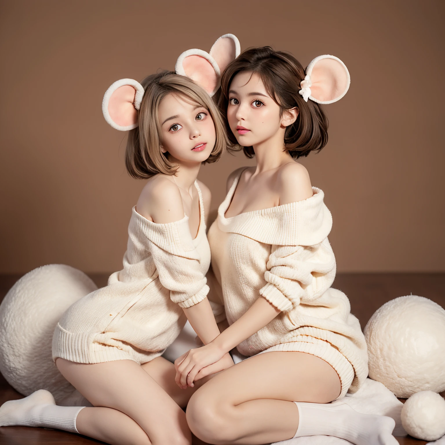 twincest, Mouse Girl, fluffy white short hair, big round mouse ears, whitesweater, take hand, ((dark brown colored eyes)), husband and wife, The beautiful, glossy lips, A detailed eye