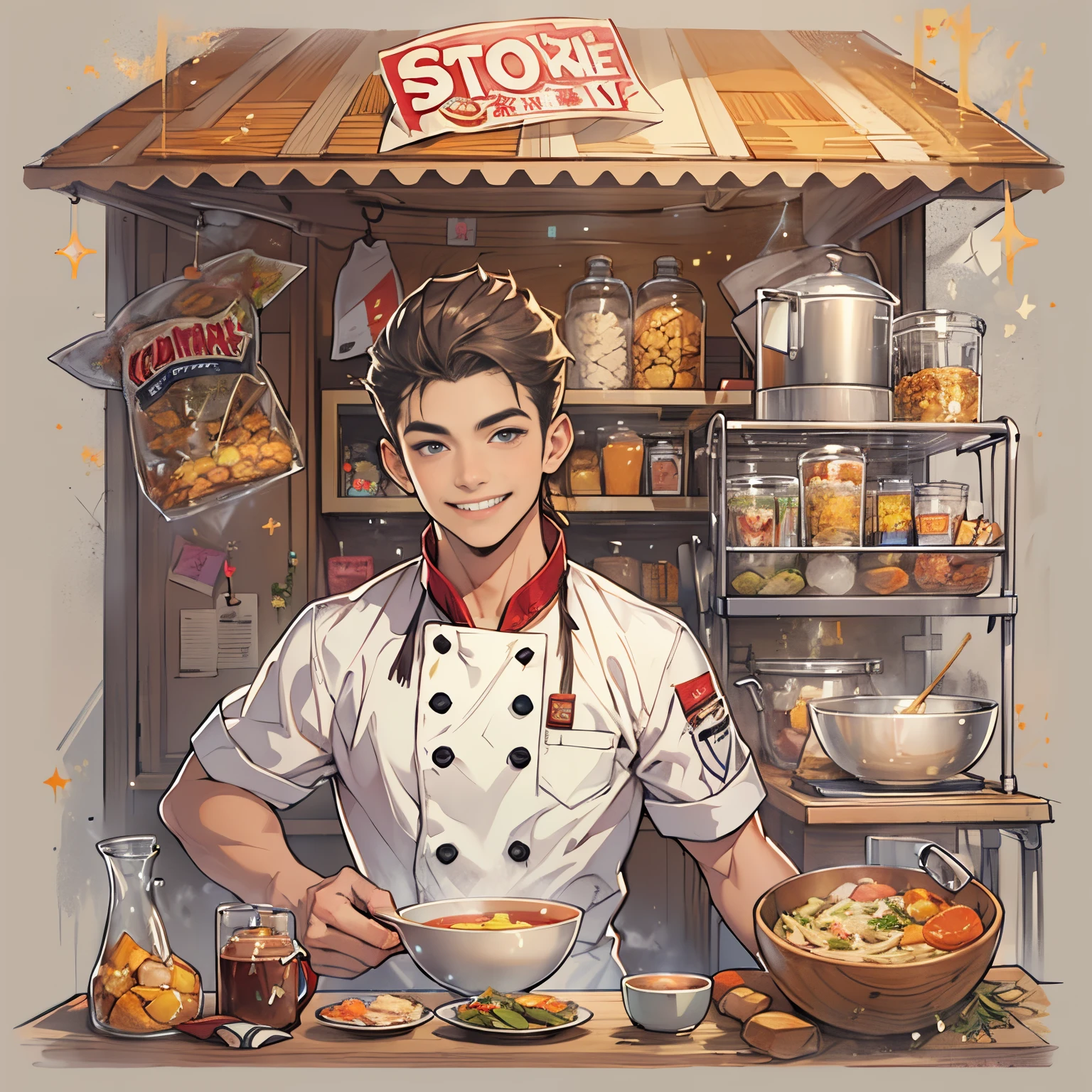A young handsome male chef stands next to a snack cart,With a smile on his face,Holding a bowl of clear soup in hand,Close-up of facial details,Star Art Troupe Star Style, 32K, Best quality at best, tmasterpiece, super detailing, high detal