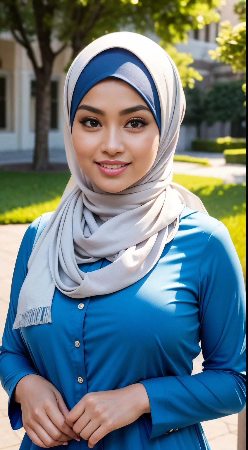 RAW, Best quality, high resolution, masterpiece: 1.3), beautiful Malay woman in hijab,Masterpiece, perfect fit body, ((Huge breast)), big gorgeous eyes, Soft smile,woman in a blue dress and a white scarf, professional profile picture, hijab, headshot profile picture, , she is smiling,Delicate turtleneck, necklace, shairband, afternoon walk, City garden, Excellent lighting, Bright colors, Clean lines