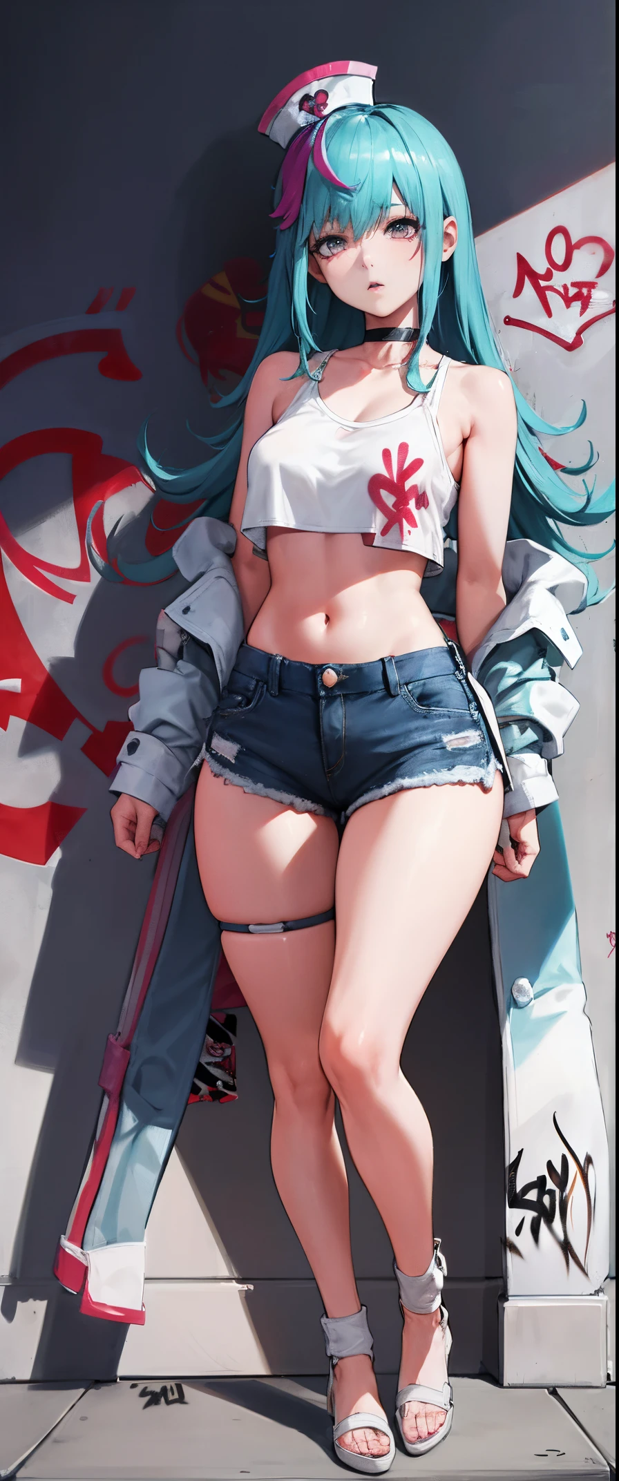 turn_nurse|Arena of Valor, master-piece, bestquality, 1girls,25 years old, proportional body, elongated legs, Beautiful, proportional., crop top, Long Jeans, gigantic breasts, ,bara, crop top, choker, (Graffiti:1.5), Splash with purple lightning pattern., arm behind back, against wall, View viewers from the front., Thigh strap, Head tilt, bored,