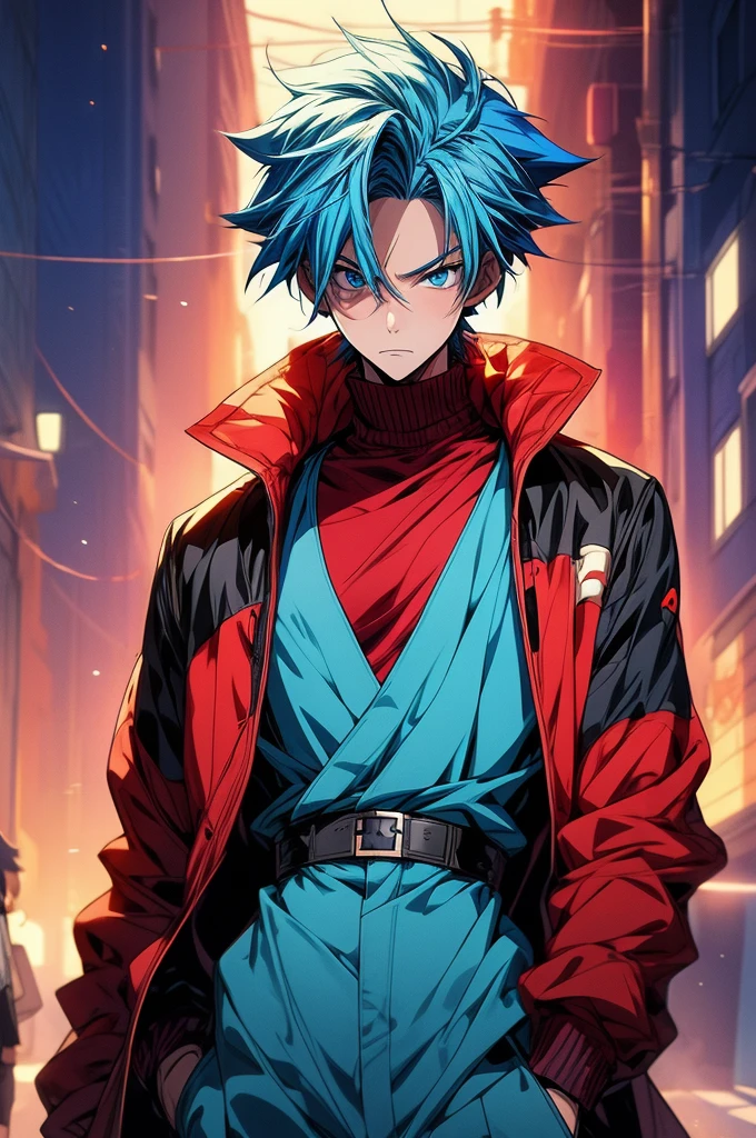 anime guy with blue hair and a red vest posing for a picture, 2 d anime style, anime style 4 k, anime boy, young anime man, tall anime guy with blue eyes, high quality anime artstyle, anime style. 8k, trigger anime artstyle, best anime 4k konachan wallpaper, badass anime 8 k, male anime character