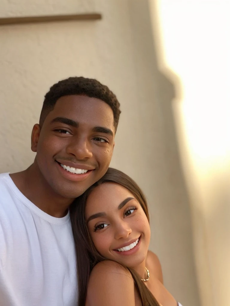 um casal de um homem negro de cabelo curto e mulher morena de cabelo liso, smiling at camera.