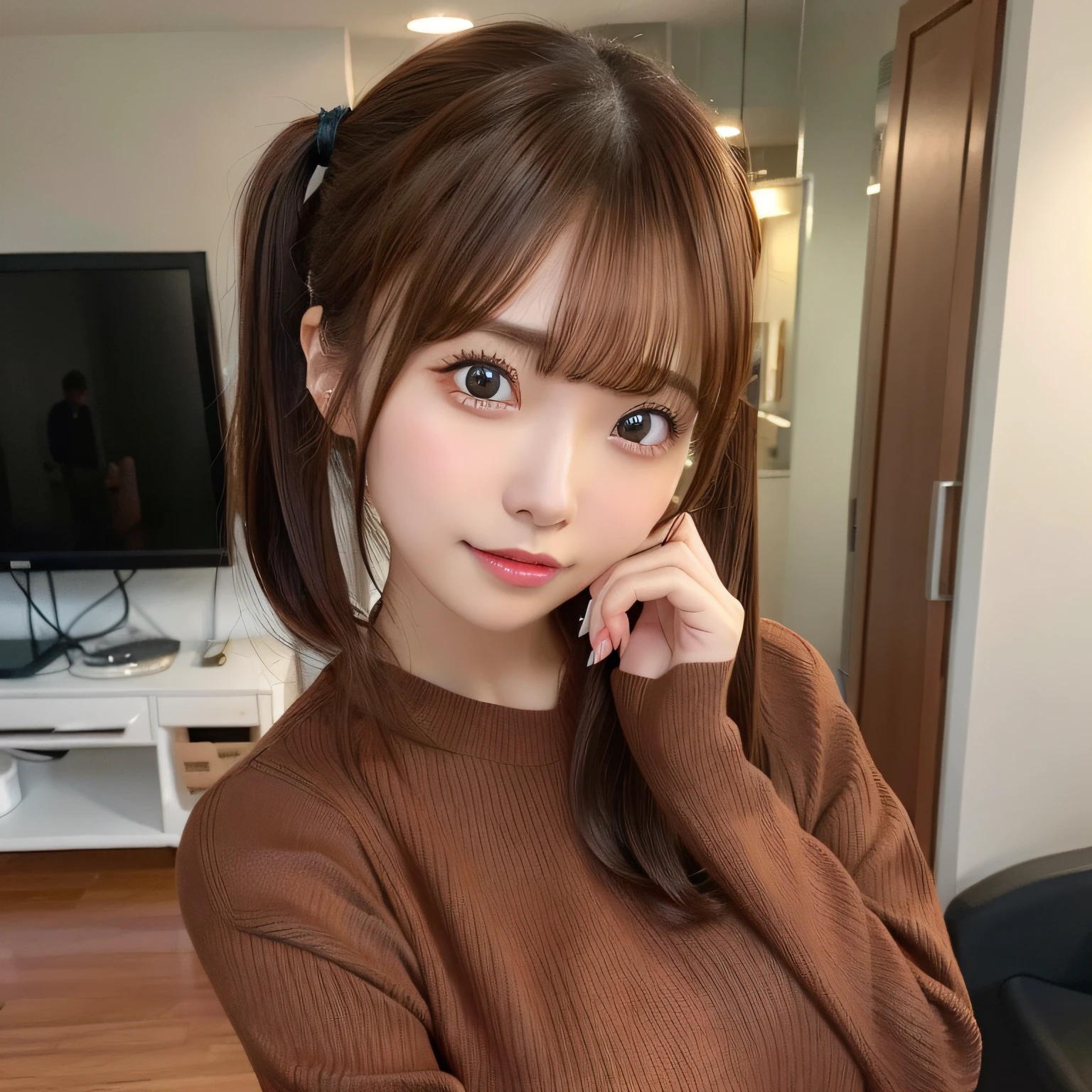 (Best Quality),(4K),(in 8K),(hight resolution),(Top image quality),cute little、Twintails with brown hair、Short hair random pose、top-quality、超A high resolution、(Photorealsitic:1.5)、女の子1人、Red Sweater、(Brown hair:1.2)、(huge-breasted:1.2)、‎Classroom、looking at viewert、a closeup、full body Esbian、Nasty eyes