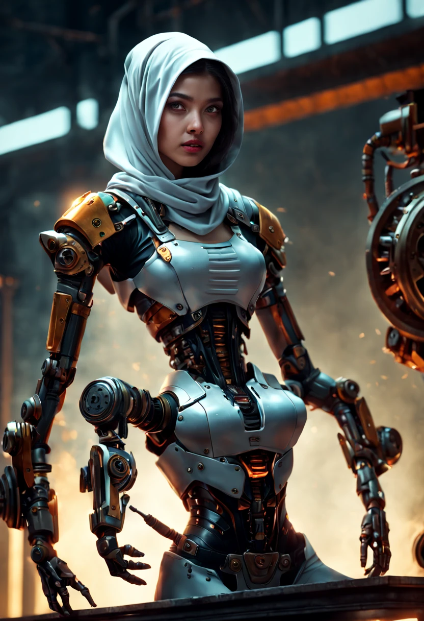 Imagine the Malay girl in hijab in a futuristic command center, strategically coordinating her mecha suit's actions to respond to a crisis, showcasing her leadership and intelligence