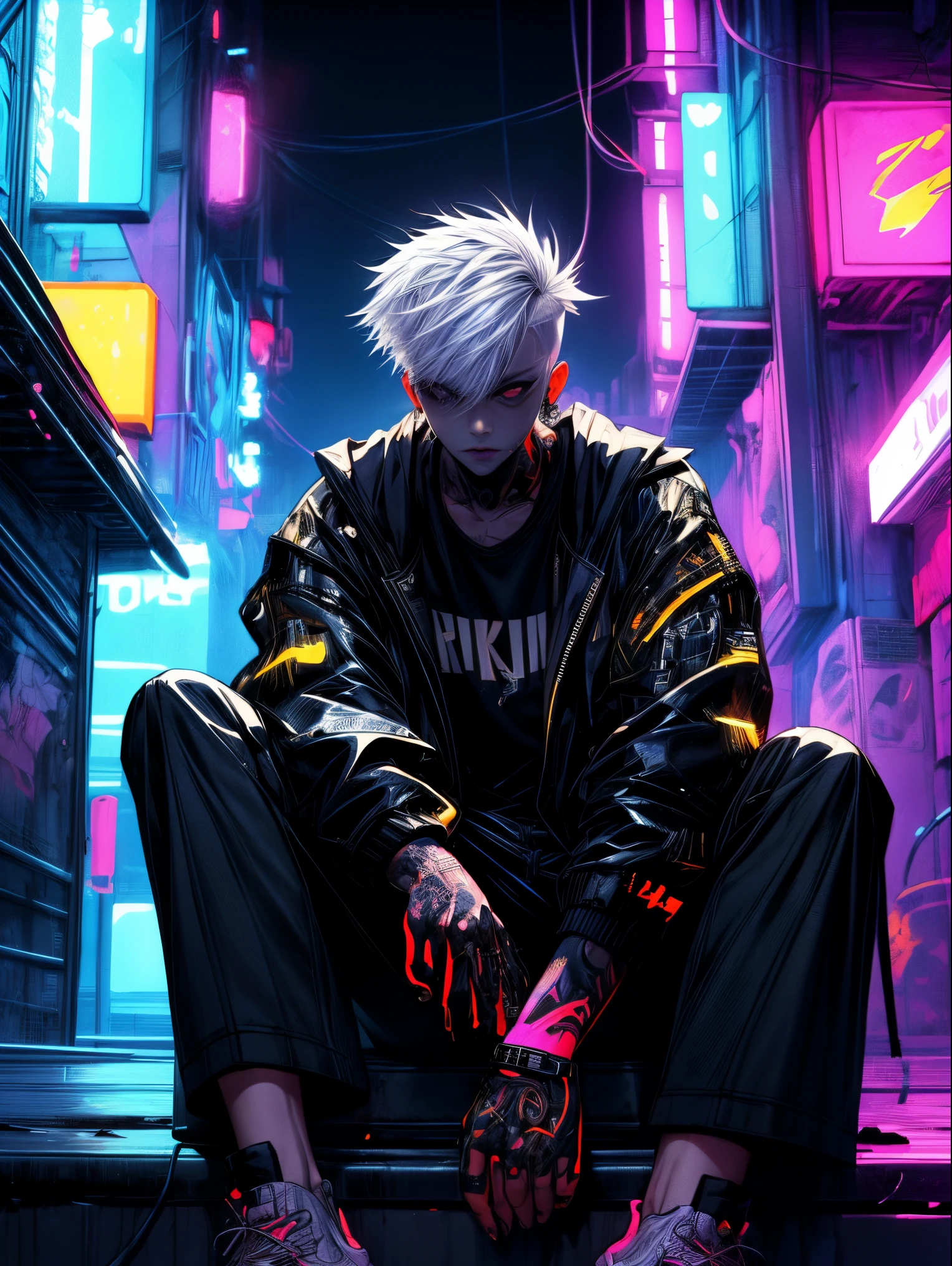 boy, white yellow hair, cool black open short jacket, tatoos, messy fade cut hair, crazy, sit pose, on futuristic neon night street background,