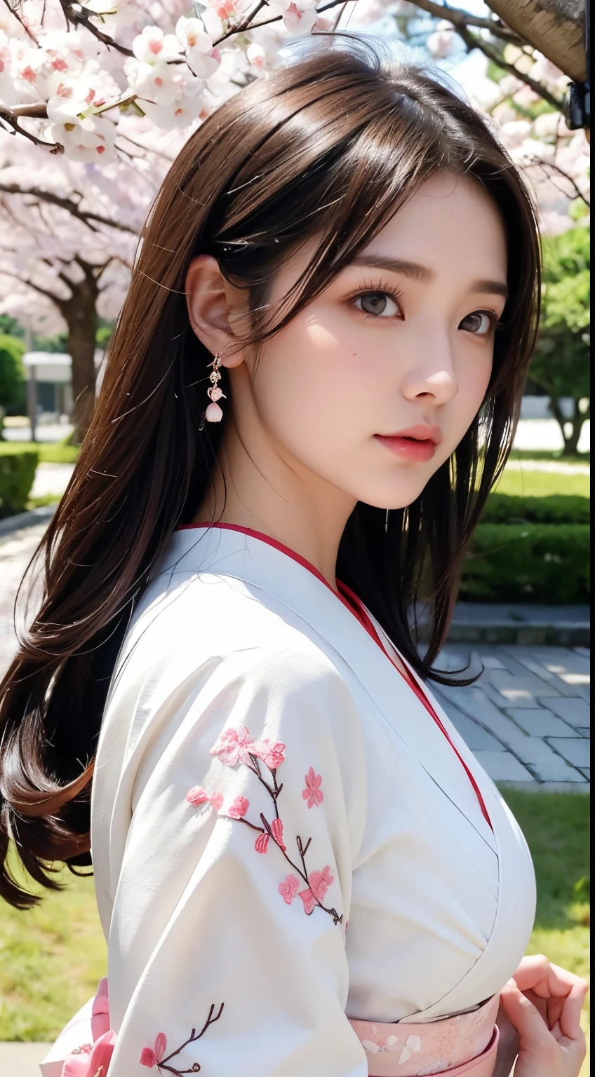 (A logo、masterpiece、8K、masutepiece、Raw photo、Fantastic、Best Quality、8K wallpaper that combines photorealism and high-definition CG、hightquality、ighly detailed、epic poem、Particle effect、Dynamic effects、depth of fields、Cinematic Light、Lens Flare、Ray tracing)、Fantasia、 (Beauty 1 person、White Japanese Clothing、Japanese dress、White cherry blossom pattern、White cherry blossom embroidery pattern、A dark-haired、Beautiful face、Real Face、beautiful details eyes beautiful skin)、Hair flutters in the wind、Hair jumps、Pink cherry blossom tree、Petals flutter、Sakura blizzard、Superb view、morning glow、Sun in the background、the wind
