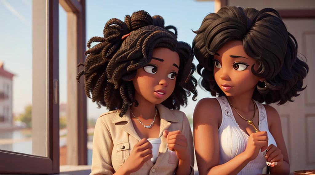 two African American women, with black curly hair sopporting each other