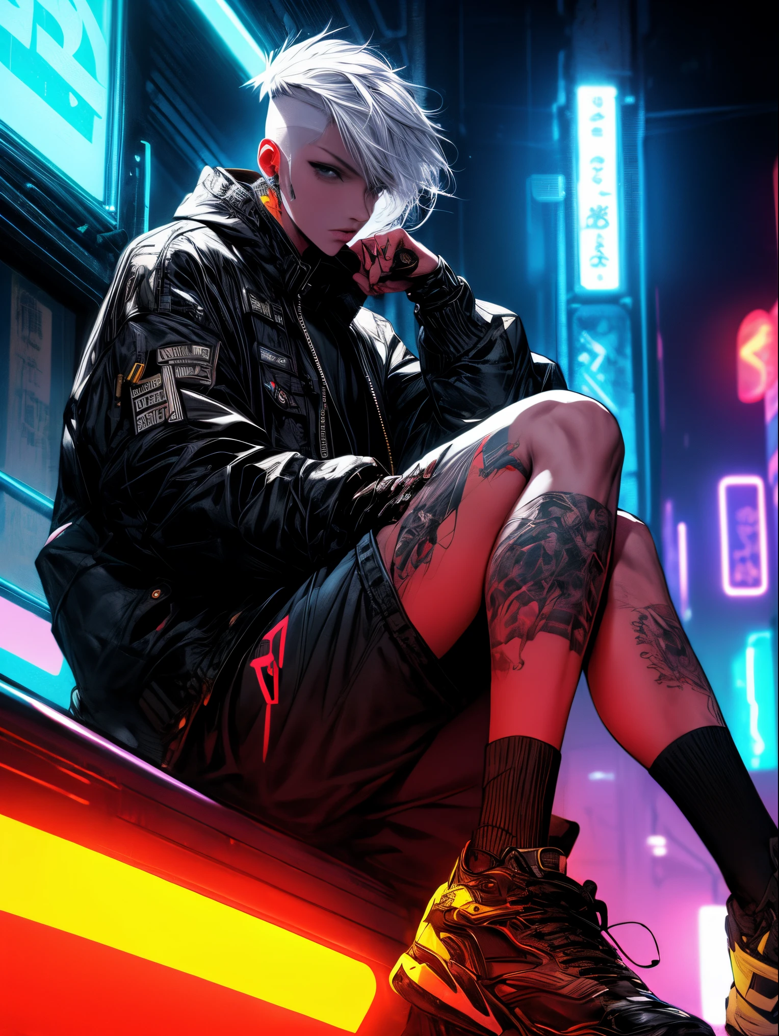 boy, white yellow hair, cool black open short jacket, tatoos, messy fade cut hair, crazy, sit pose, on futuristic neon night street background,